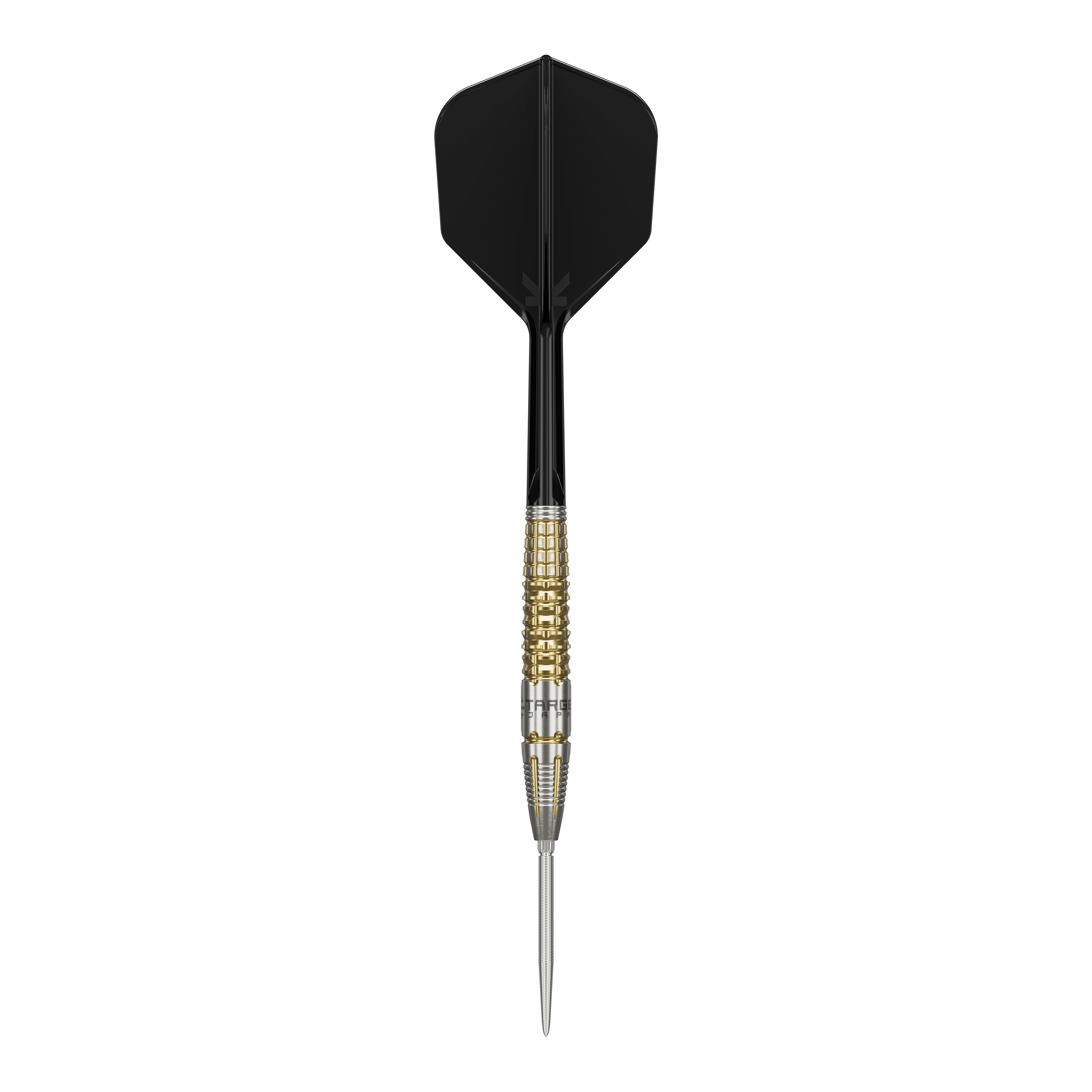 Šipky Target Black Marque Warrior Swiss Point Steel Das Bild zeigt einen Target Black Marque Warrior Swiss Point Steeldart. Der Dart hat eine schwarze Flight, einen gold-silbernen Griffbereich und eine spitze Stahlspitze.