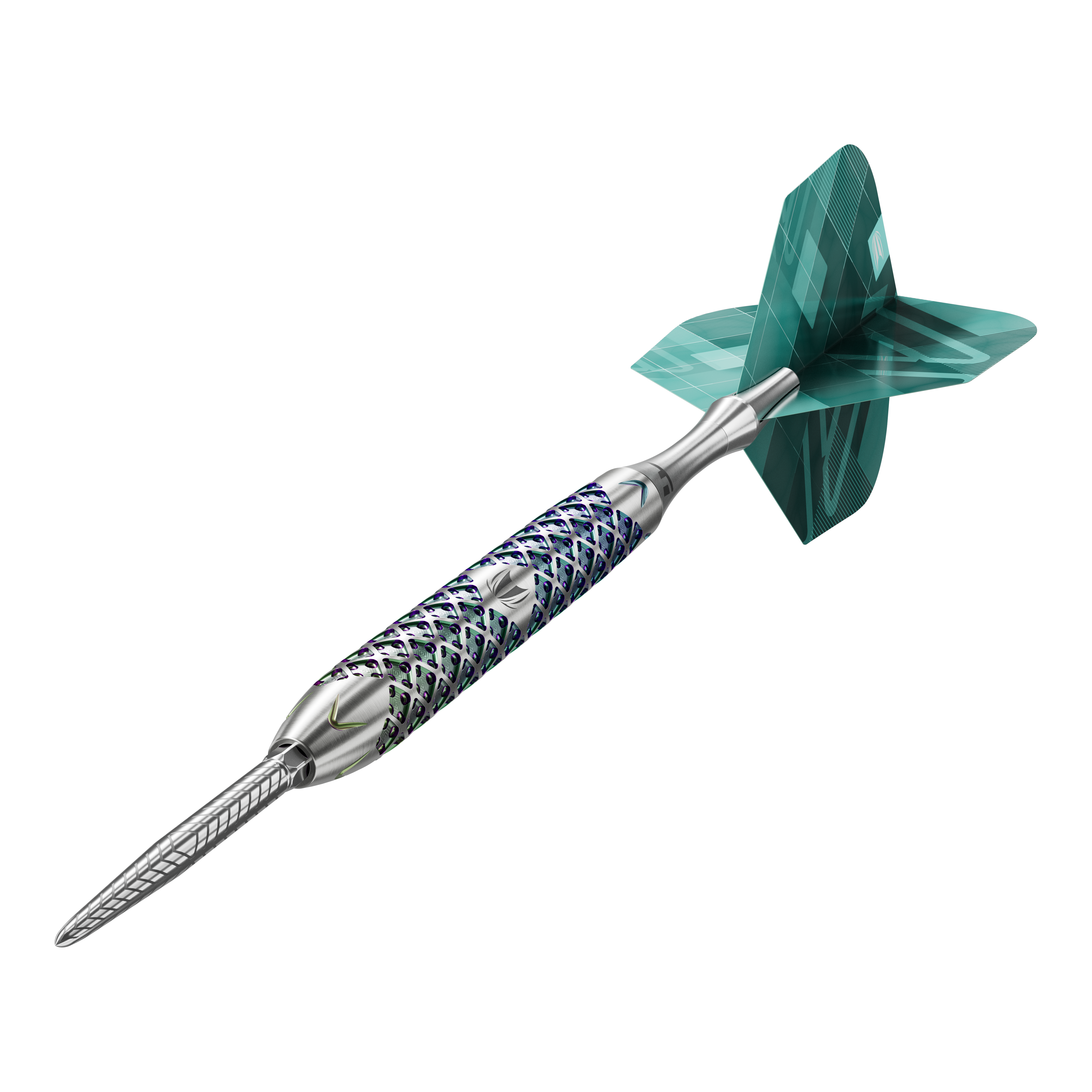 Ocelové šipky Target Rove 01 Swiss Point Das Bild zeigt einen Target Rove 01 Swiss Point Steeldart mit silbernem Schaft und blau-grünen Akzenten. Am hinteren Ende befindet sich eine grün gemusterte Dartflügel.