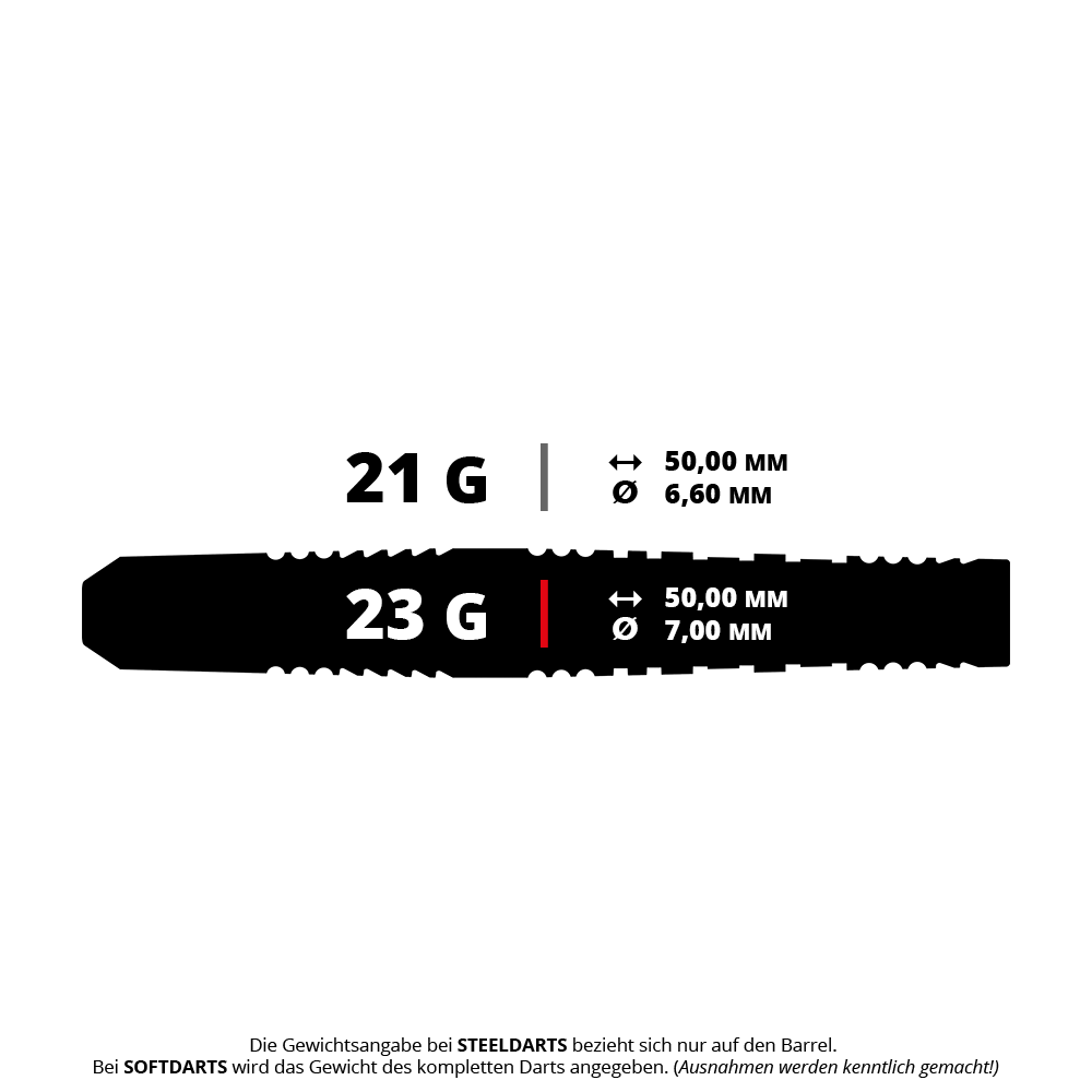 Ocelové šipky Target Japan Black Marque Lightning 3 SP Das Bild zeigt zwei Dart-Gewichte mit ihren jeweiligen Maßen. Die 21g-Darts haben einen Durchmesser von 6,60 mm und die 23g-Darts einen Durchmesser von 7,00 mm, beide sind 50,00 mm lang.