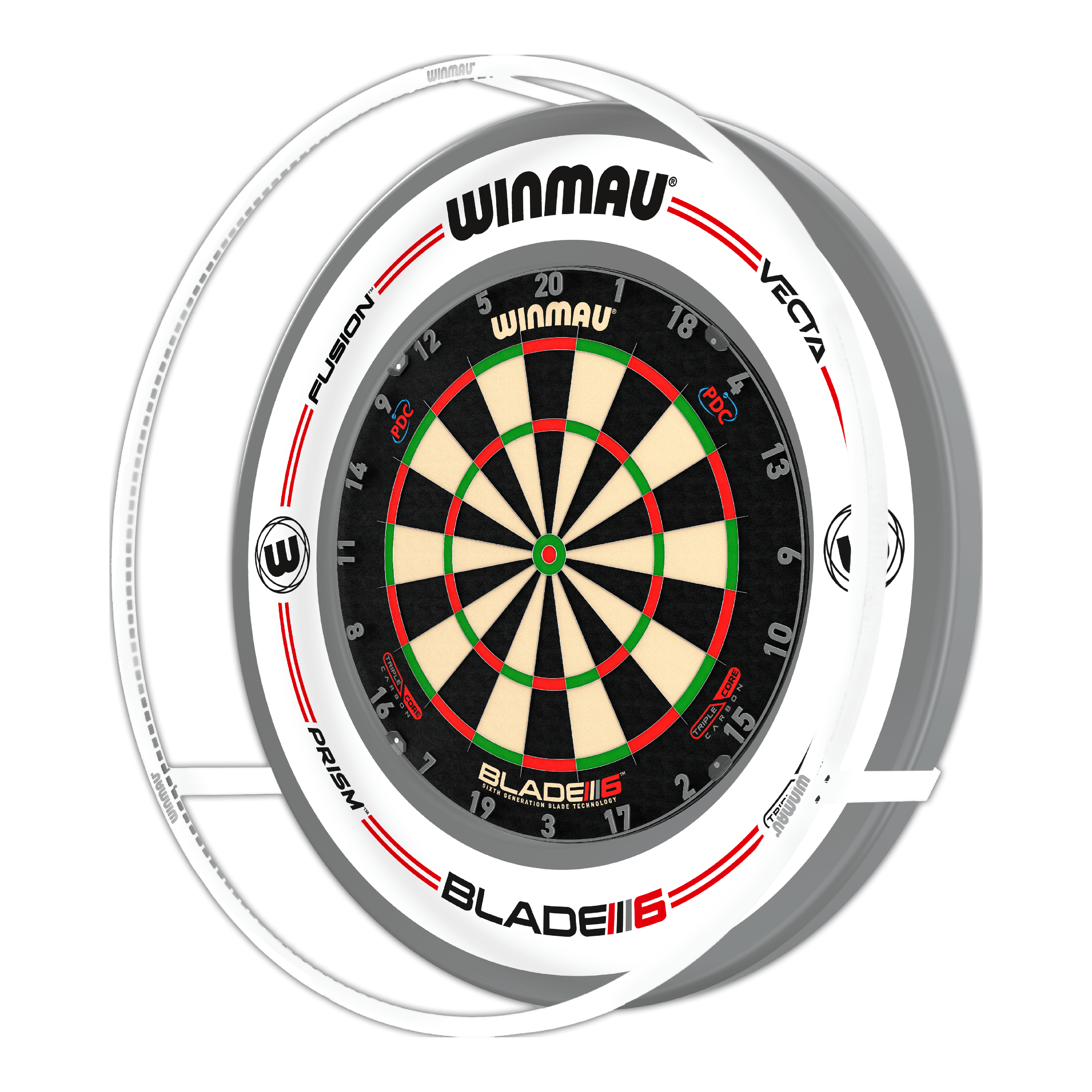 BALÍČEK Winmau Plasma Ice LED osvětlení a prostorový zvuk Das Bild zeigt ein Winmau Plasma Ice LED Beleuchtung und Surround Bundle mit einer Dartscheibe. Die Scheibe ist von einem beleuchteten Ring und einem weißen Surround umgeben.