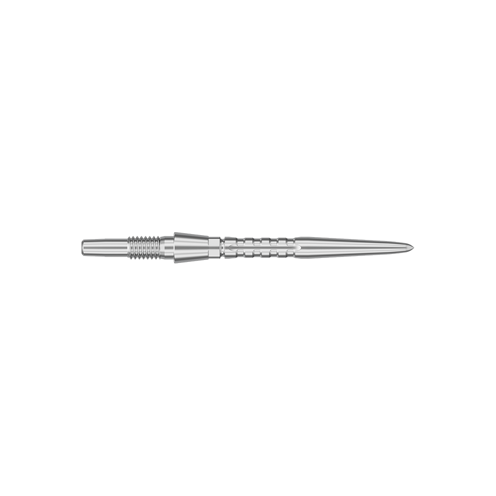 Target Swiss Point Storm Surge Steeldartspitzen - Silber Das Bild zeigt eine silberne Steeldartspitze mit feinen Rillen und einem spitzen Ende. Die Spitze ist schlank und hat eine Länge von 26 mm.