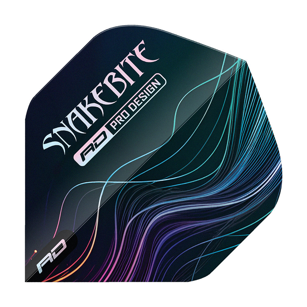 Das Bild zeigt ein Dart-Flight mit dem Aufdruck "SNAKEBITE" und "RD PRO DESIGN". Auf dem Flight sind bunte Linien auf dunklem Hintergrund zu sehen.