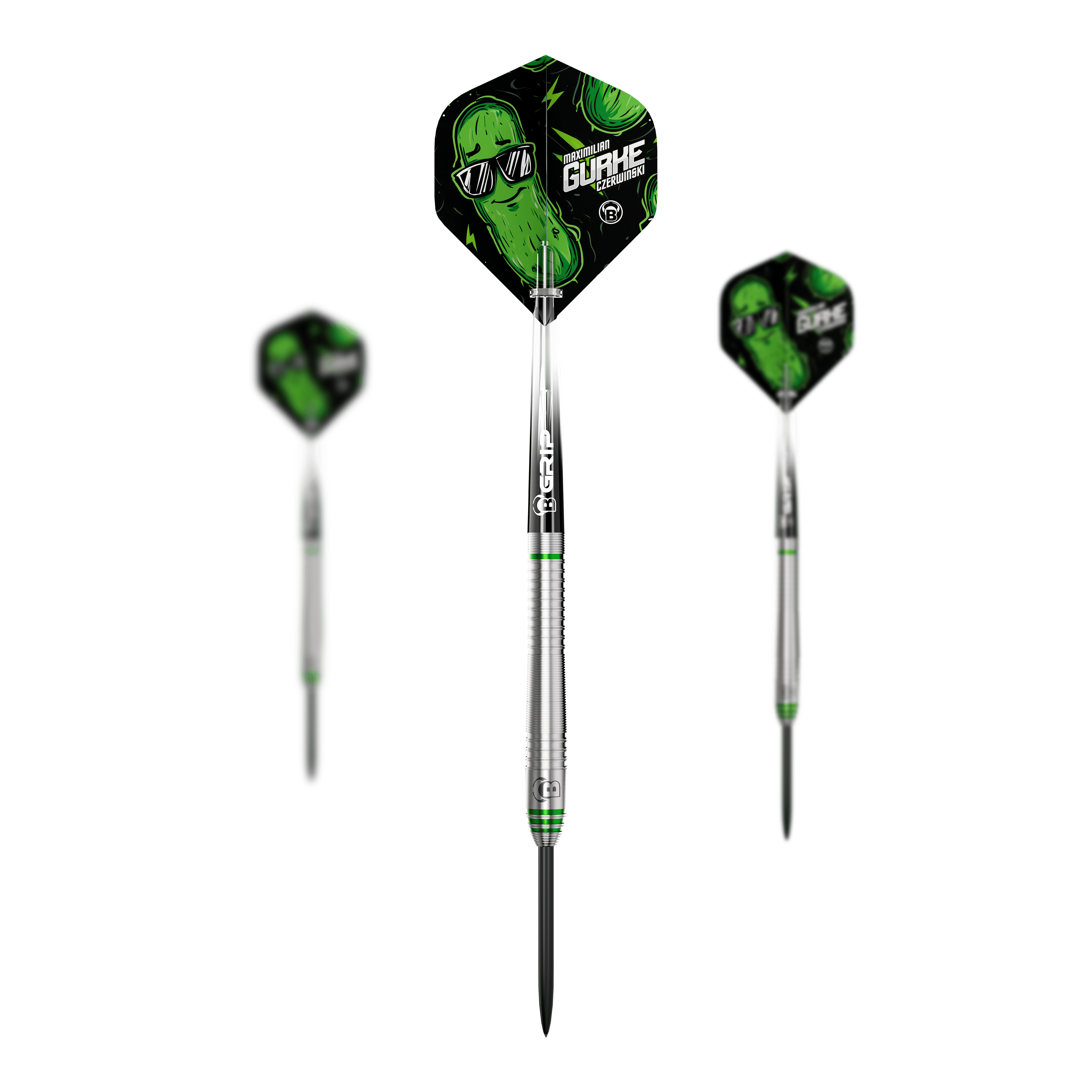 Bulls Max Czerwinski Okurkové Steeldarts - 23g Bulls Max Czerwinski Gurke Steeldarts mit 23 Gramm Gewicht als Set. Auf dem Bild ist das gesamte Set zu sehen.