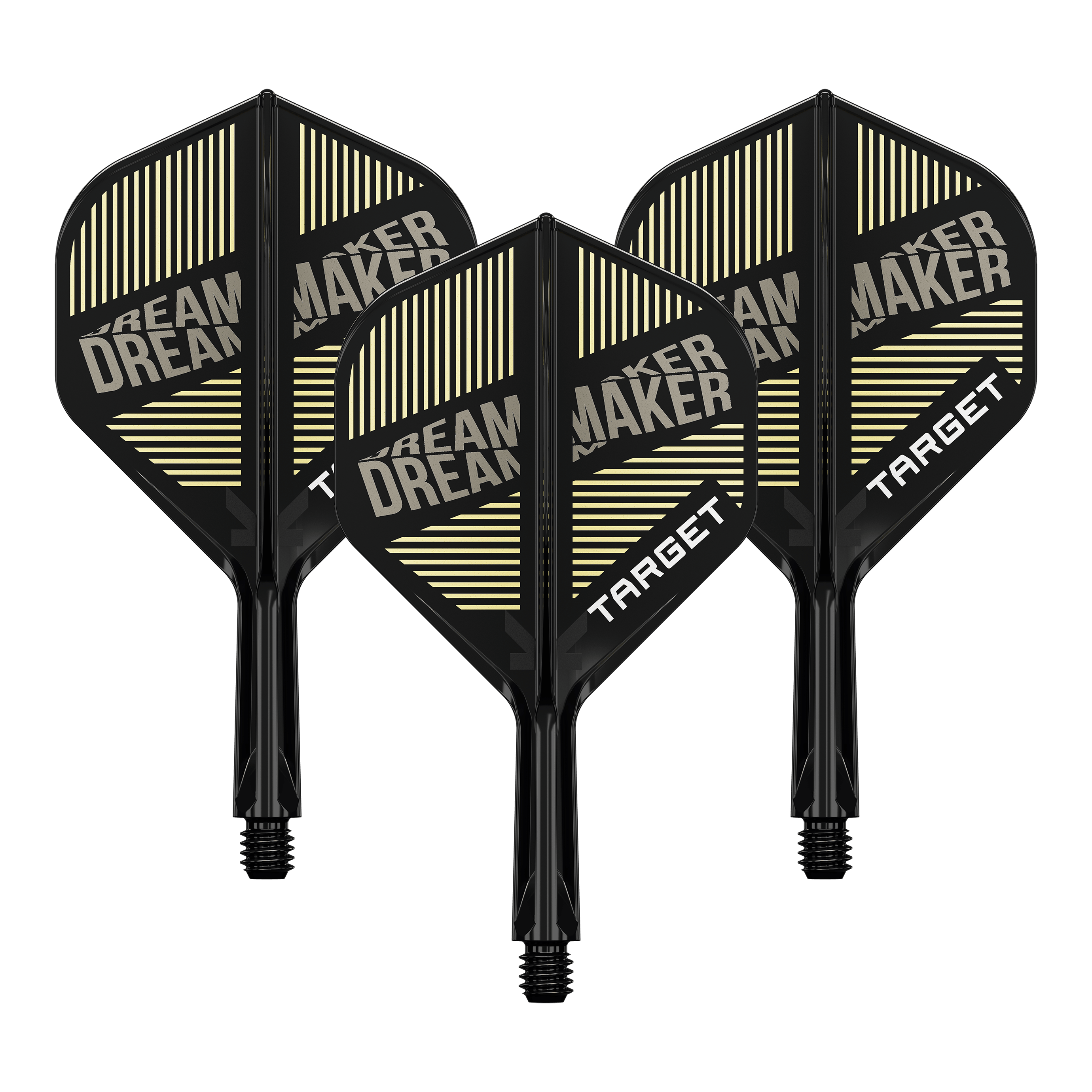 Systém standardní letové hřídele Target K-Flex Dimitri Van Den Bergh No2 Auf dem Bild sind drei schwarze Dartflights mit integriertem Schaft zu sehen. Auf den Flights steht „DREAM MAKER“ und „TARGET“ in weißen Buchstaben.