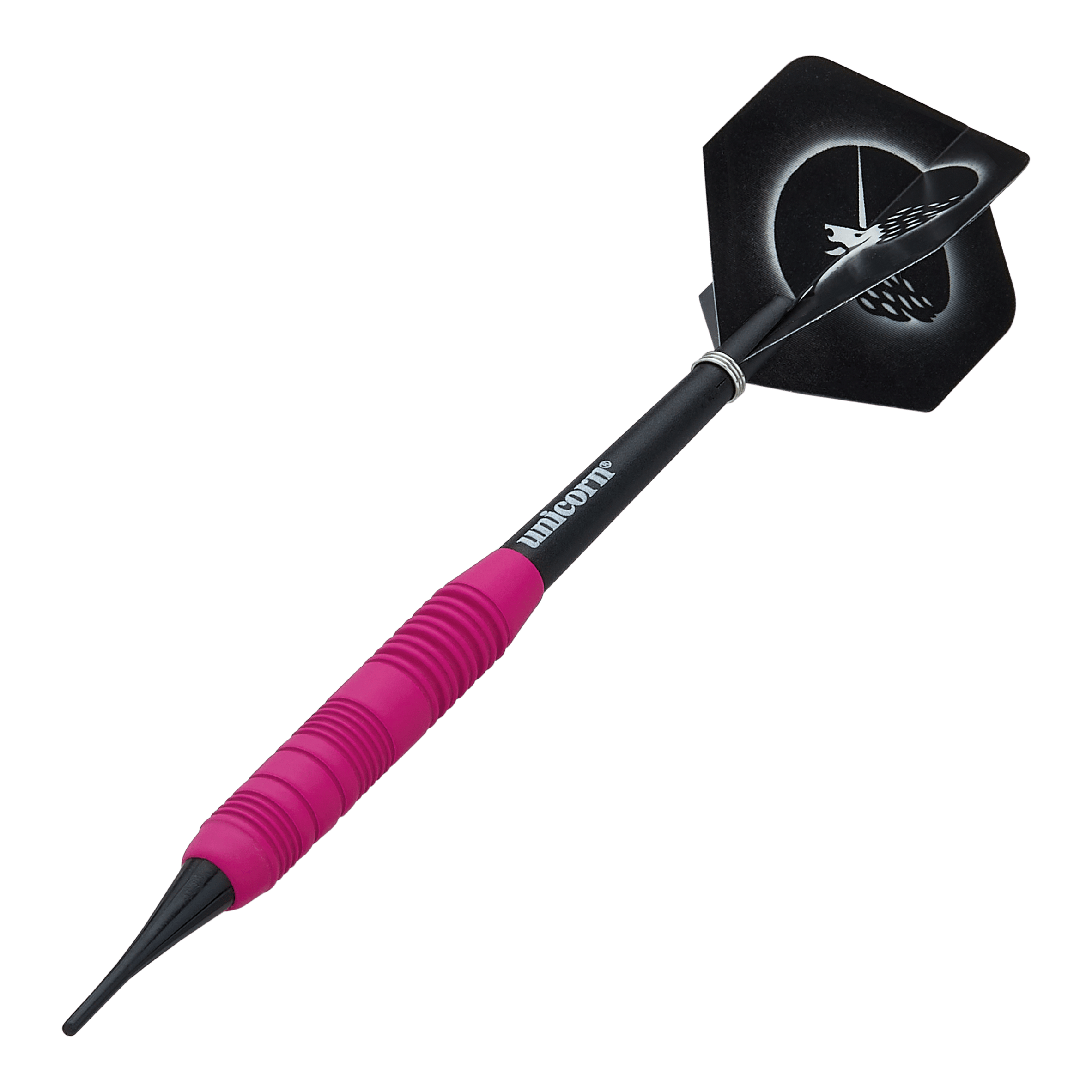 Šipky Unicorn Core Plus pogumované růžové - 19g Das Bild zeigt einen pinken, gummierten Softdart namens "Unicorn Core Plus" mit einem Gewicht von 19g. Der Dartpfeil hat einen schwarzen Schaft und Flights mit einem Einhorn-Design.