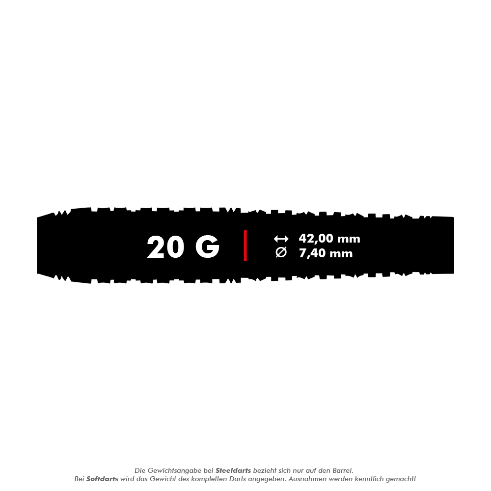 Měkké šipky Shot Redline Mach 1 - 20g Das Bild zeigt die Produktinformationen für die Shot Redline Mach 1 Softdarts mit einem Gewicht von 20 Gramm. Die Darts haben eine Länge von 42,00 mm und einen Durchmesser von 7,40 mm.