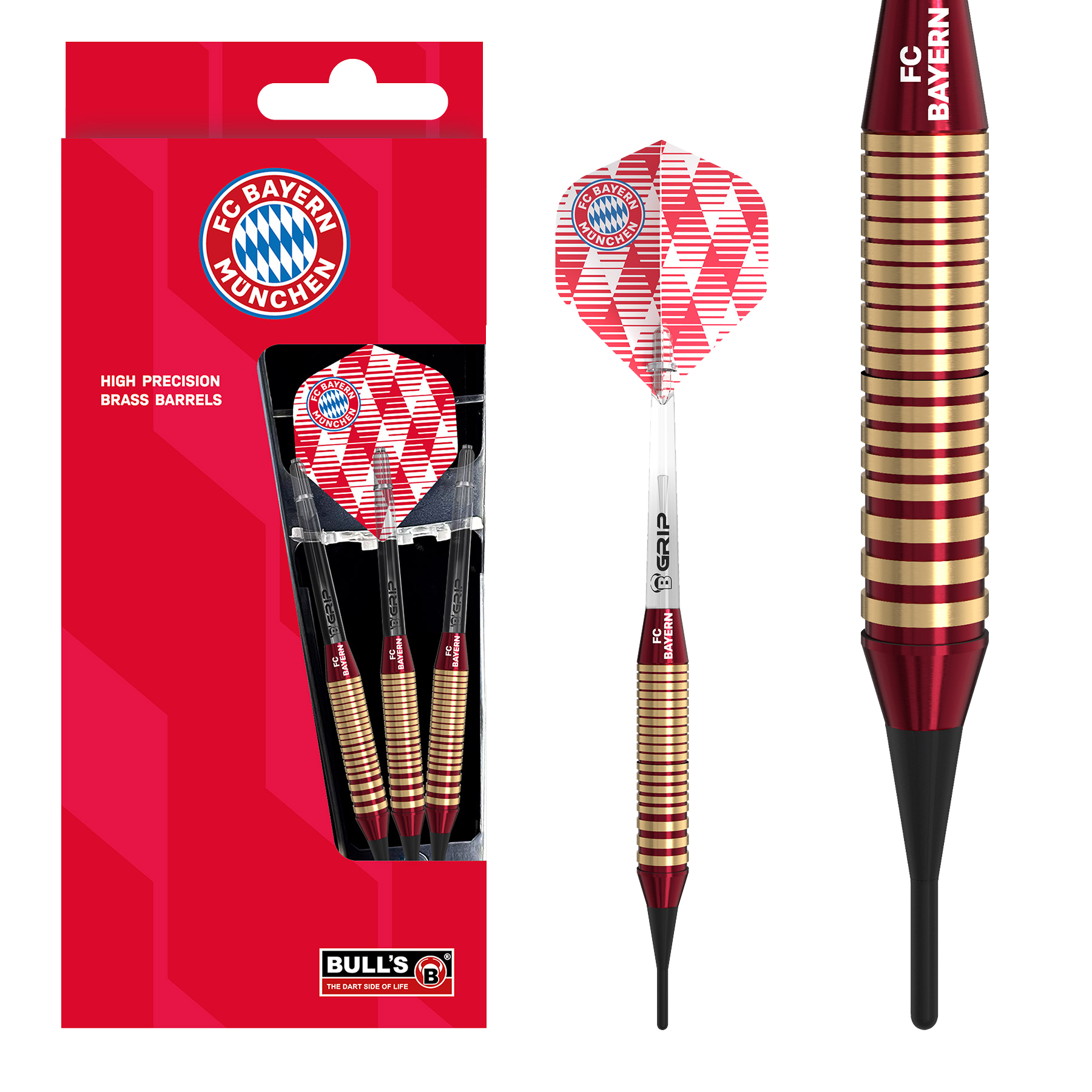 Šipky Bulls FC Bayern Mnichov mosazné měkké - 18g Das Bild zeigt die Bulls FC Bayern München Brass Softdarts mit einem Gewicht von 18g. Das Produkt ist speziell für Fans des FC Bayern München entworfen.