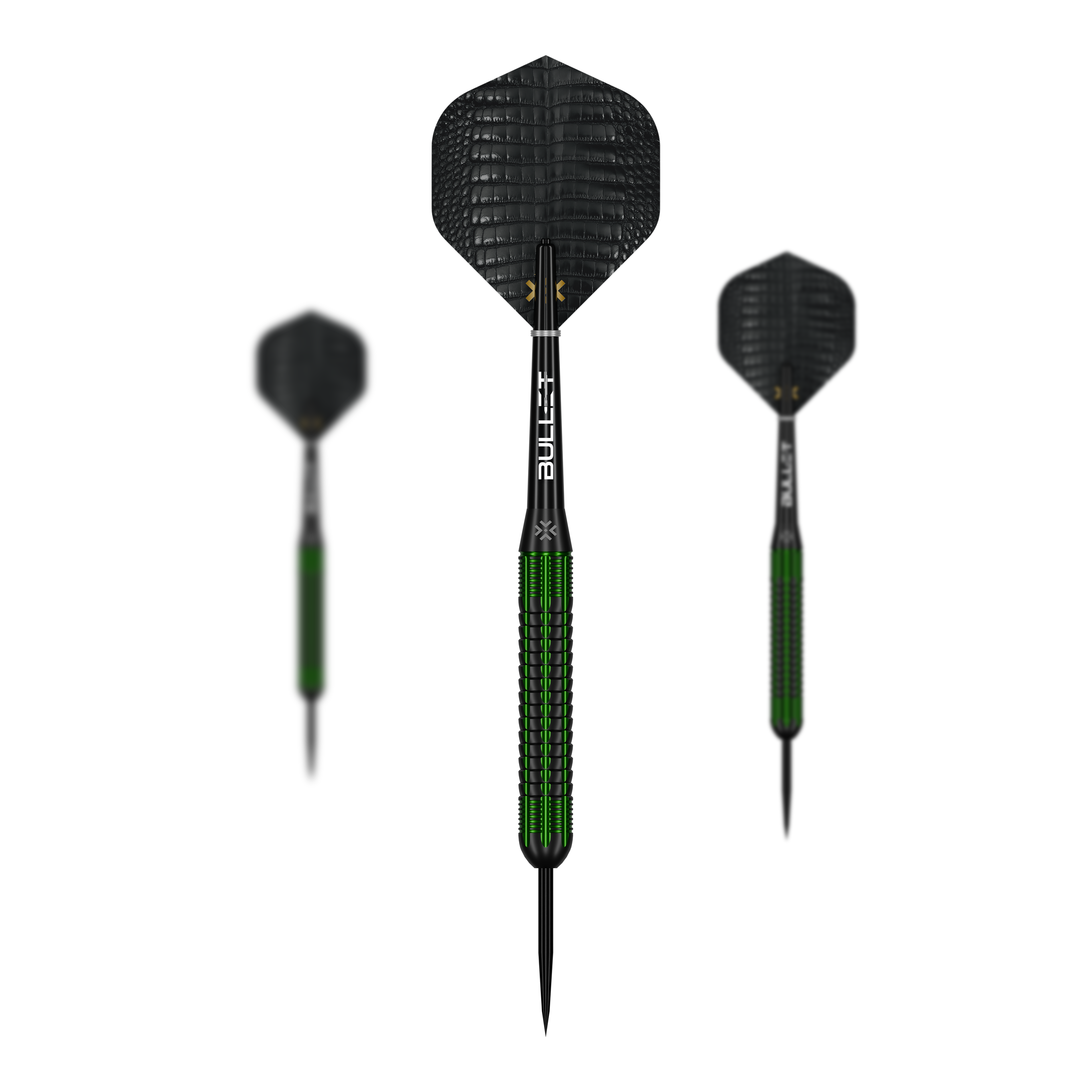 Šipky Bullet Gator Brass Steel - 22g Auf dem Bild ist ein Set der Bullet Gator Brass Steeldarts - 22g zu sehen. Das Set enthält mehrere Darts mit je 22 Gramm Gewicht.