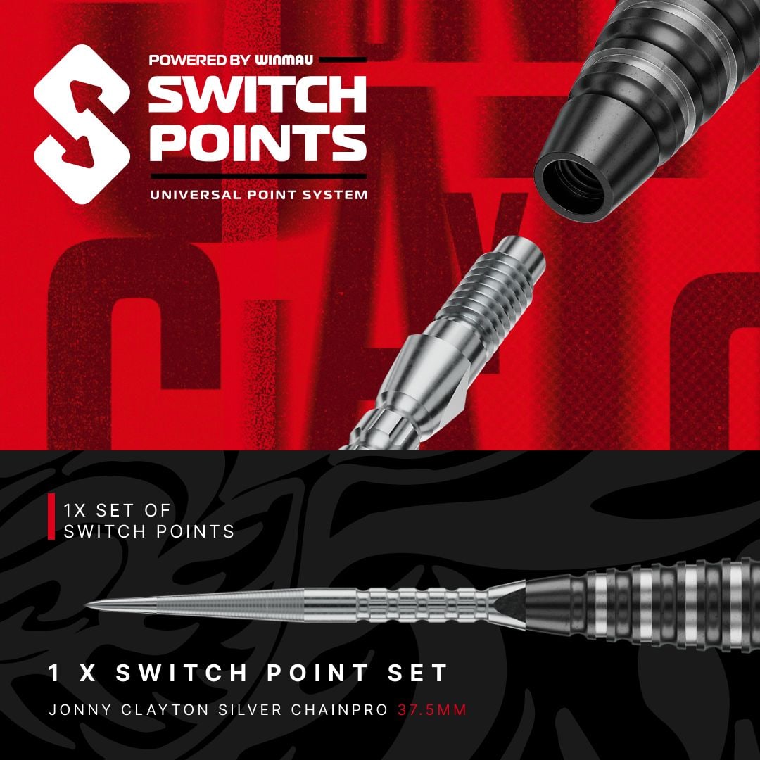 Šipky Red Dragon Jonny Clayton RD-PRO Switch Point ocelové Das Bild präsentiert Red Dragon Jonny Clayton RD-PRO Switch Point Steeldarts. Die Dartpfeile sind geordnet auf einer hellen Fläche zu sehen.