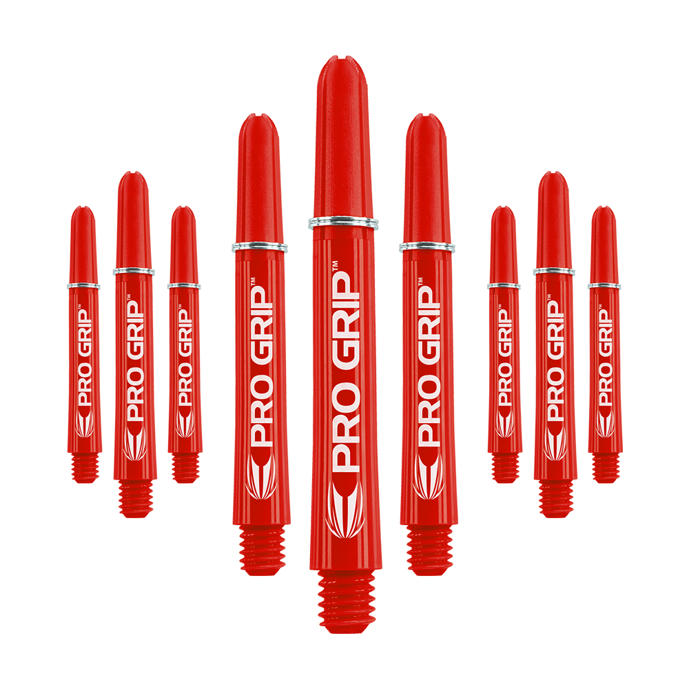 Target Pro Grip Shafts – 3 sady – červená Das Bild zeigt mehrere rote Dartschäfte mit der Aufschrift "PRO GRIP". Die Schäfte sind in einer symmetrischen Anordnung dargestellt und heben sich deutlich vom Hintergrund ab.