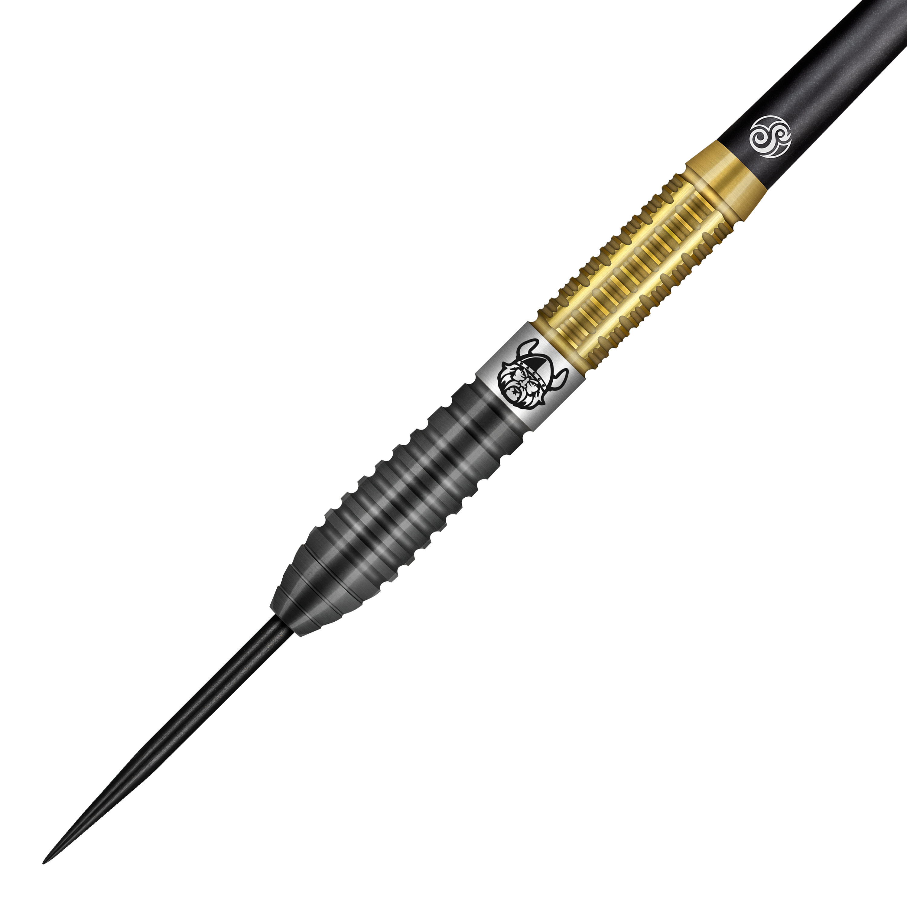 Das Bild zeigt einen Shot Pro Series Jitse Van Der Wal Steeldart mit 24 Gramm Gewicht. Der Dart hat einen schwarzen und goldenen Griff sowie eine gravierte Illustration auf dem Barrel.