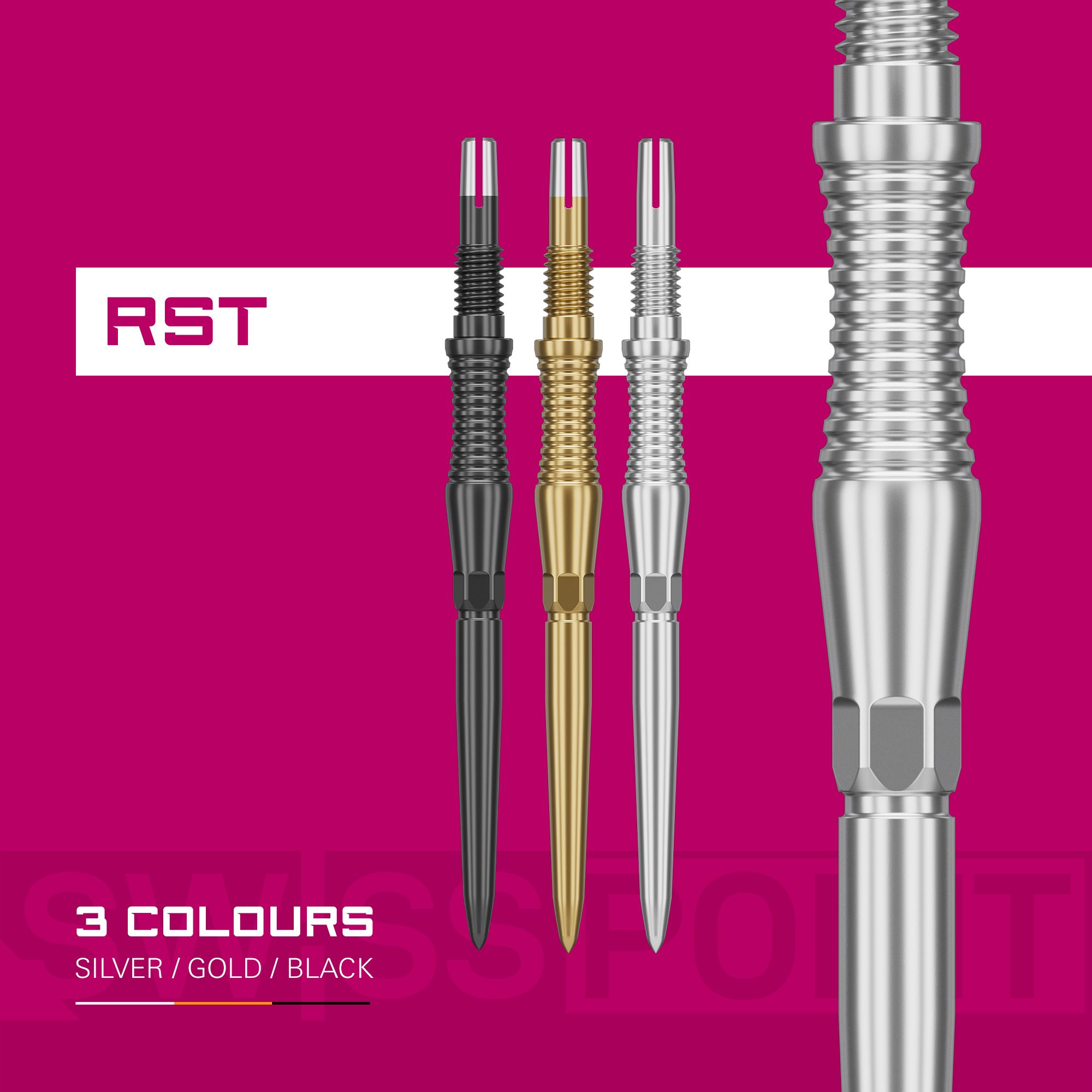 Špičky na šipky Target Swiss Point Signature RST - stříbrné Target Swiss Point Dartspitzen Signature RST - Silber wird dargestellt. Die Spitzen sind robust und elegant gestaltet.