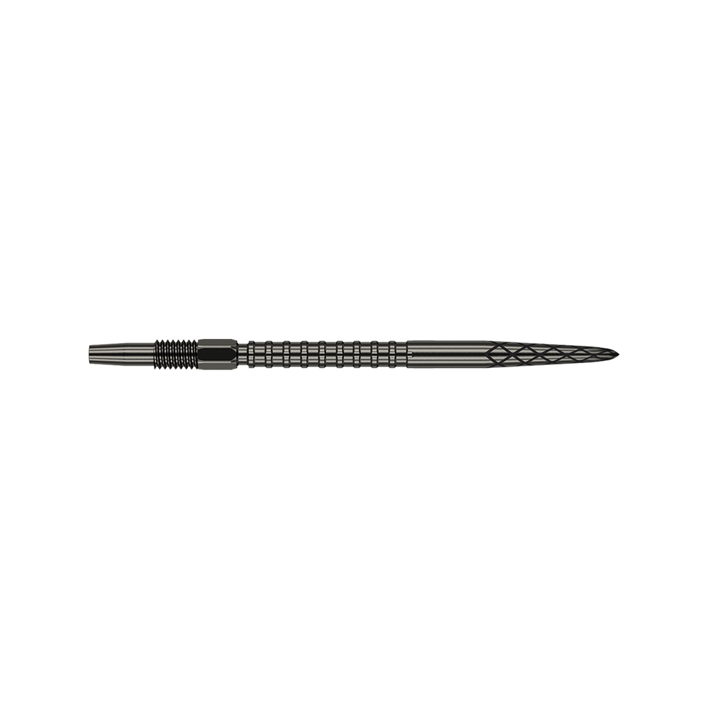 Špičky pro šipky Target Swiss DS Surge Point – černé Das Bild zeigt eine schwarze Dartspitze mit geriffelten und eingekerbten Mustern. Die Spitze ist 35 mm lang und hat ein elegantes, technisches Design.