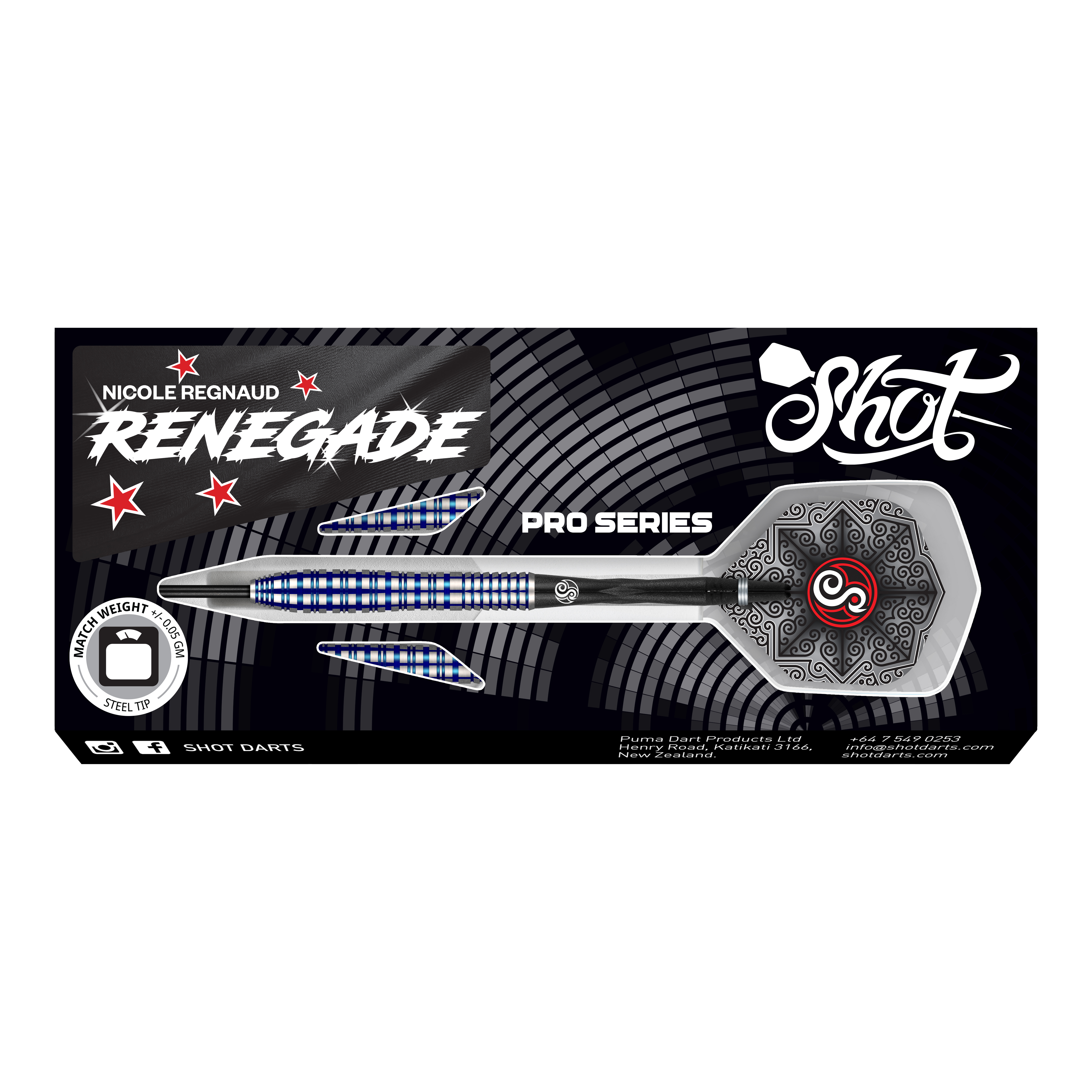 Das Bild zeigt die Verpackung der Shot Pro Series Nicole Regnaud Renegade Steeldarts in 23g. Auf der Verpackung ist ein Dartpfeil mit blau-silbernem Design und auffälliger Grafik zu sehen.