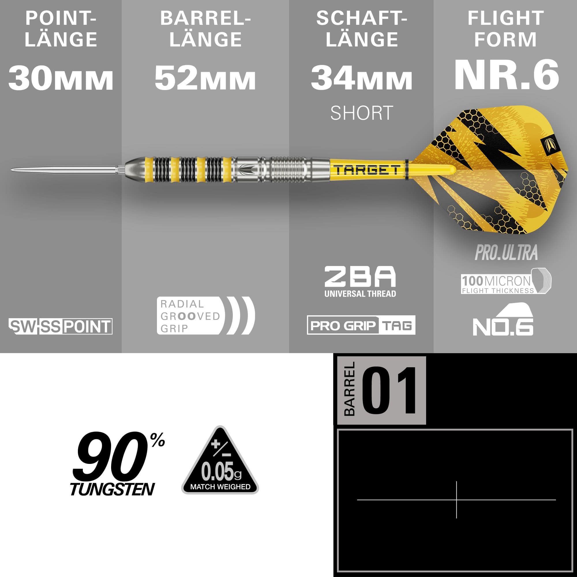 Ocelové šipky Target Buzz 01 Swiss Points Das Bild zeigt die Target Buzz 01 Swiss Points Steeldarts. Die Darts sind speziell für Präzision und Leistung entworfen.