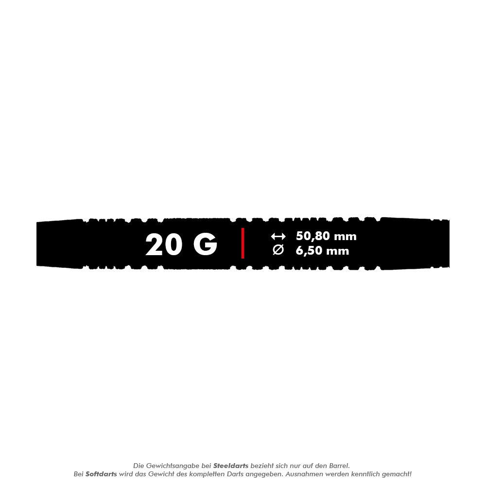 RD2411_Red_Dragon_Peter_Wright_Double_World_Champion_SE_Black_Softdarts_5_20g Das Bild zeigt die Maße und das Gewicht des "Red Dragon Peter Wright Double World Champion SE Black Softdarts - 20g". Der Dart wiegt 20 Gramm, ist 50,80 mm lang und hat einen Durchmesser von 6,50 mm.