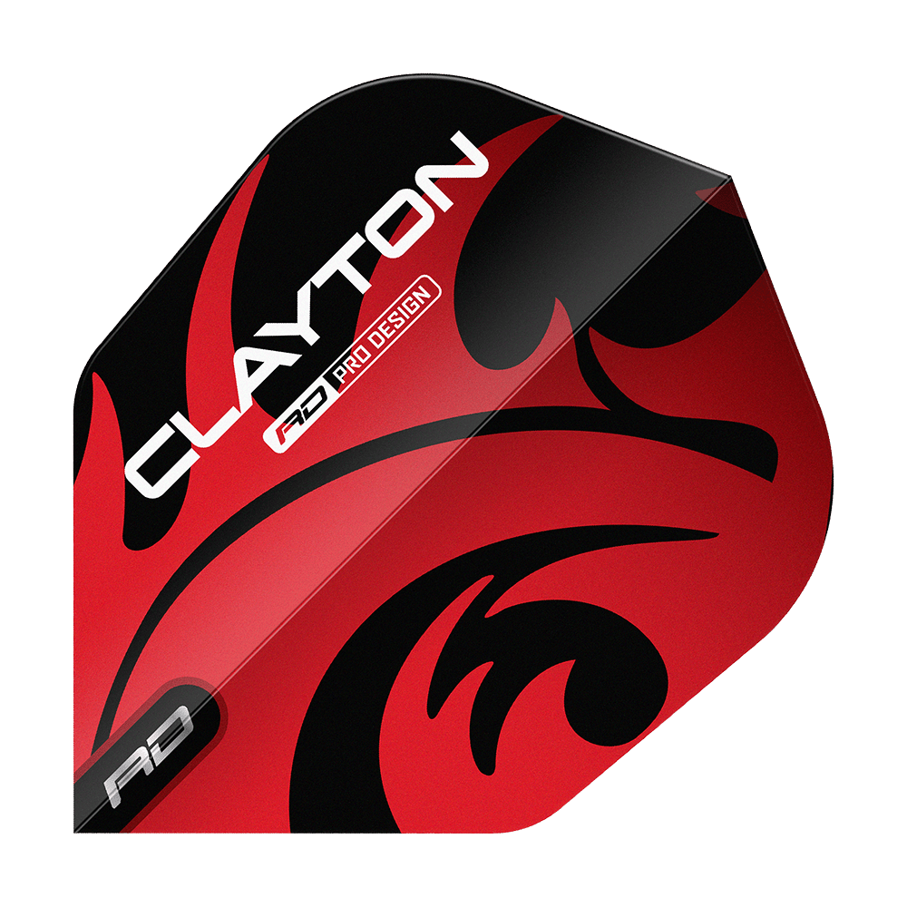 Letky Red Dragon Jonny Clayton Red Black No6 Das Bild zeigt ein Dartflight mit dem Namen "Red Dragon Jonny Clayton Red Black No6 Flights". Das Flight ist rot und schwarz gestaltet und trägt den Aufdruck "Clayton".