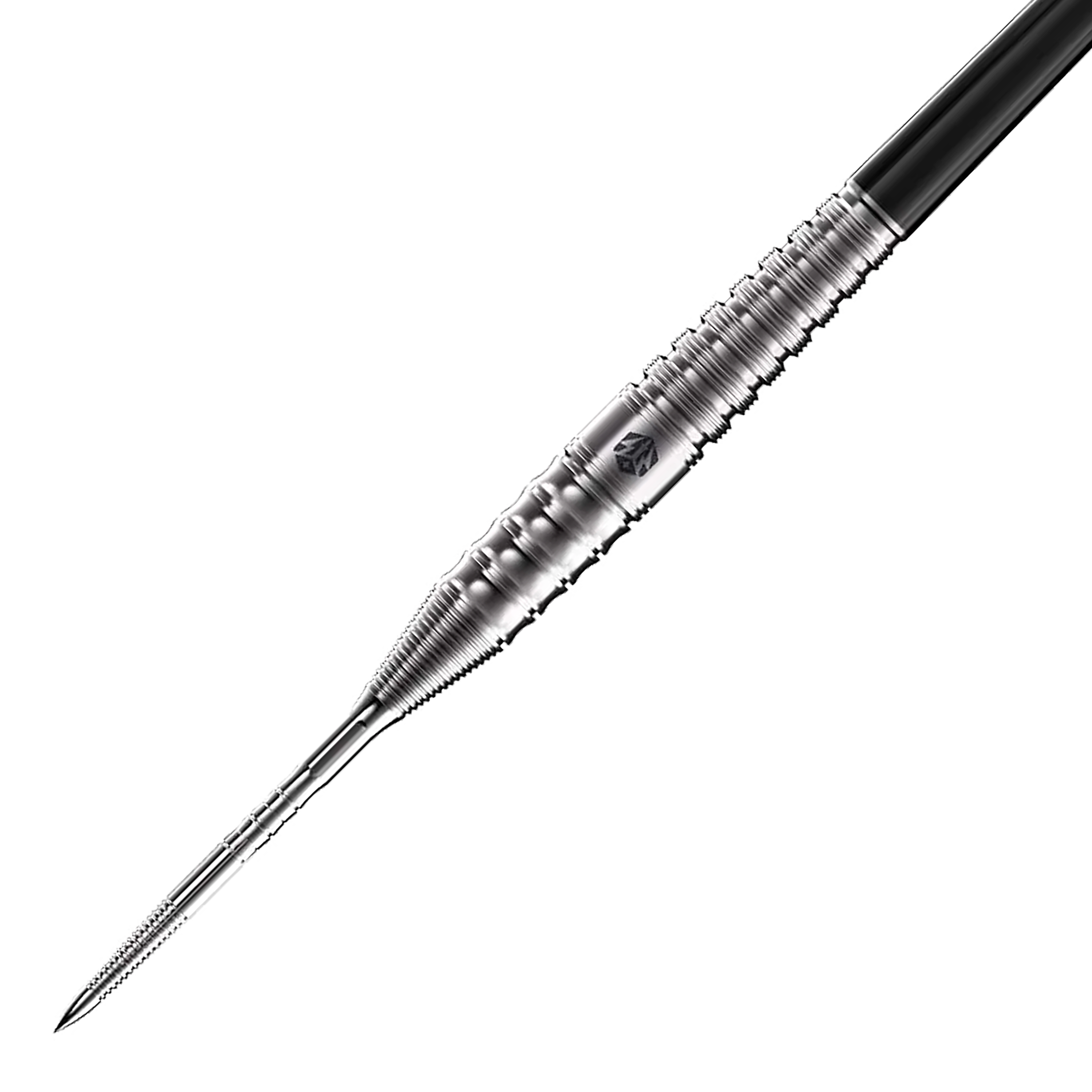 Dies ist ein Steeldart namens "Caliburn Player The Pandaman Essential" mit einem Gewicht von 23g. Der Dart besteht aus silbernem Metall und hat eine gerillte Griffzone.