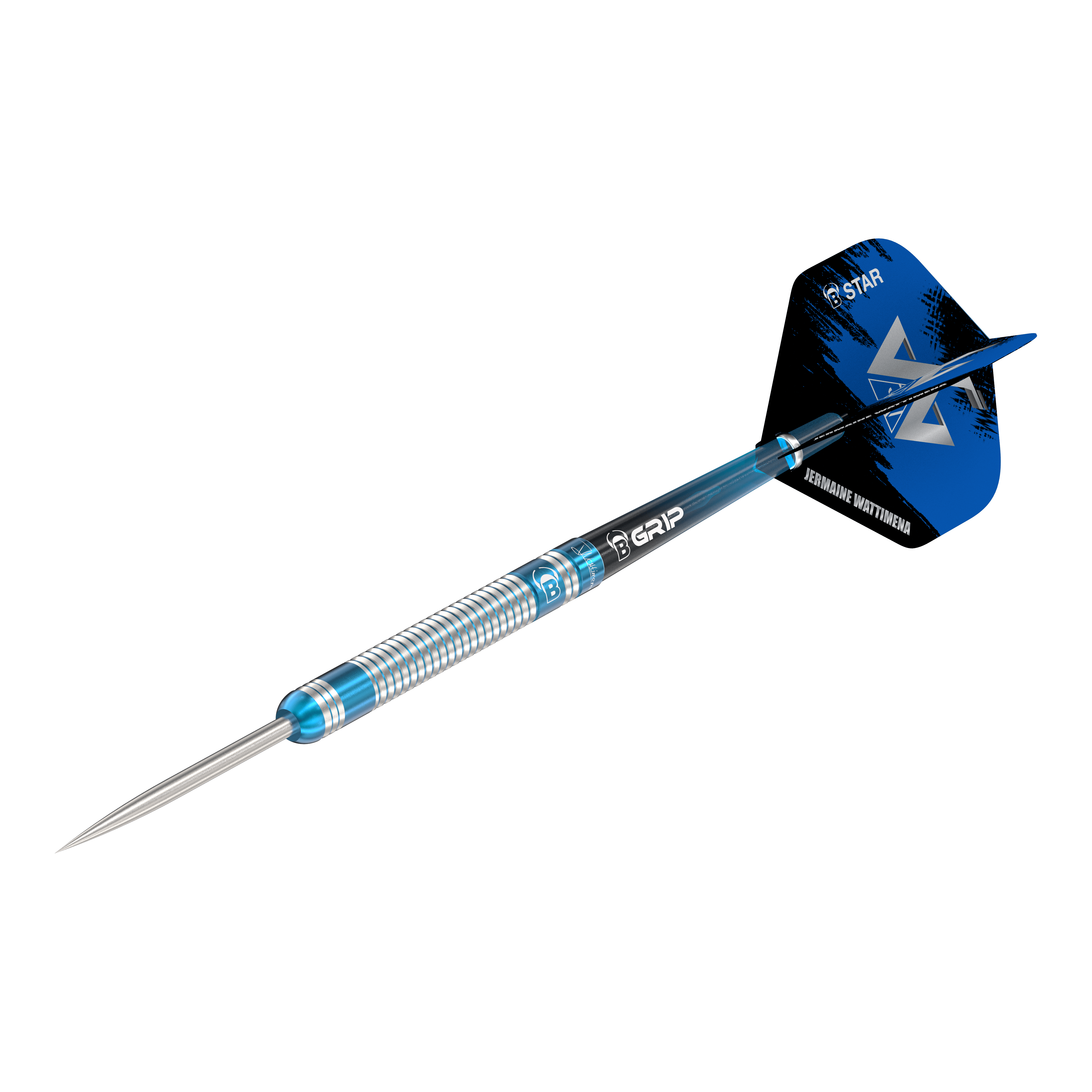 Ocelové šipky Bulls Jermaine Wattimena Generation 3 Das Bild zeigt einen Steeldartpfeil mit silber-blauer Riffelung am Barrel. Auf dem Flight steht „Jermaine Wattimena“ und er ist mit dem Produktnamen „Bulls Jermaine Wattimena Generation 3 Steeldarts“ versehen.