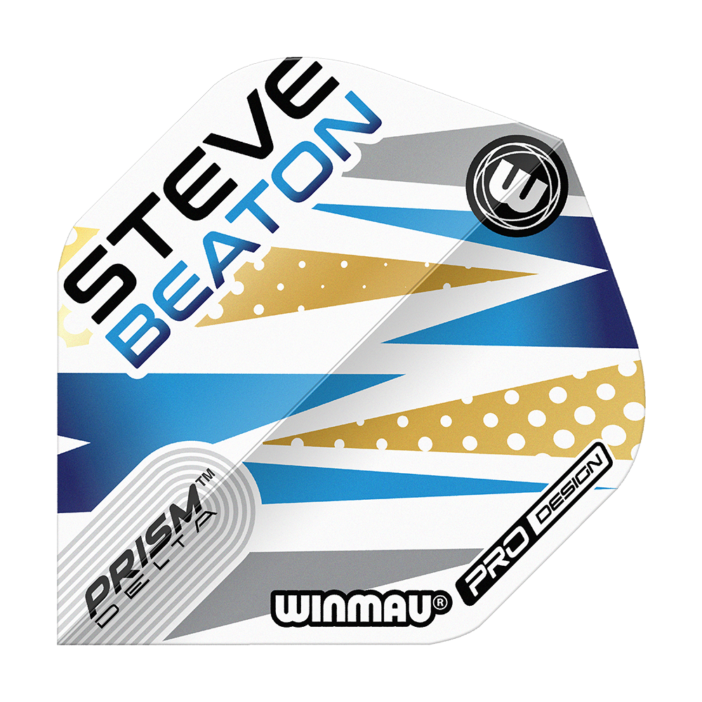 Das Bild zeigt ein Dart-Flight mit dem Namen "Winmau Prism Delta Steve Beaton No2 Standard Flights". Das Design ist weiß, blau und gold mit auffälligen Mustern und dem Namen "Steve Beaton" darauf.