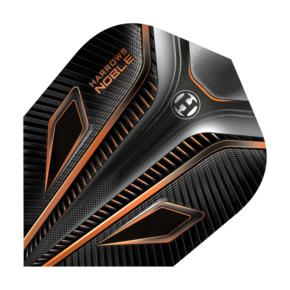 HR5_Harrows_Noble_Rich_Gold_Standard_Flights_1VIiCrVoqALs8u Das Bild zeigt das Produkt "Harrows Noble Rich Gold Standard Flights". Es hat ein modernes Design in Schwarz mit goldenen und silbernen Akzenten.
