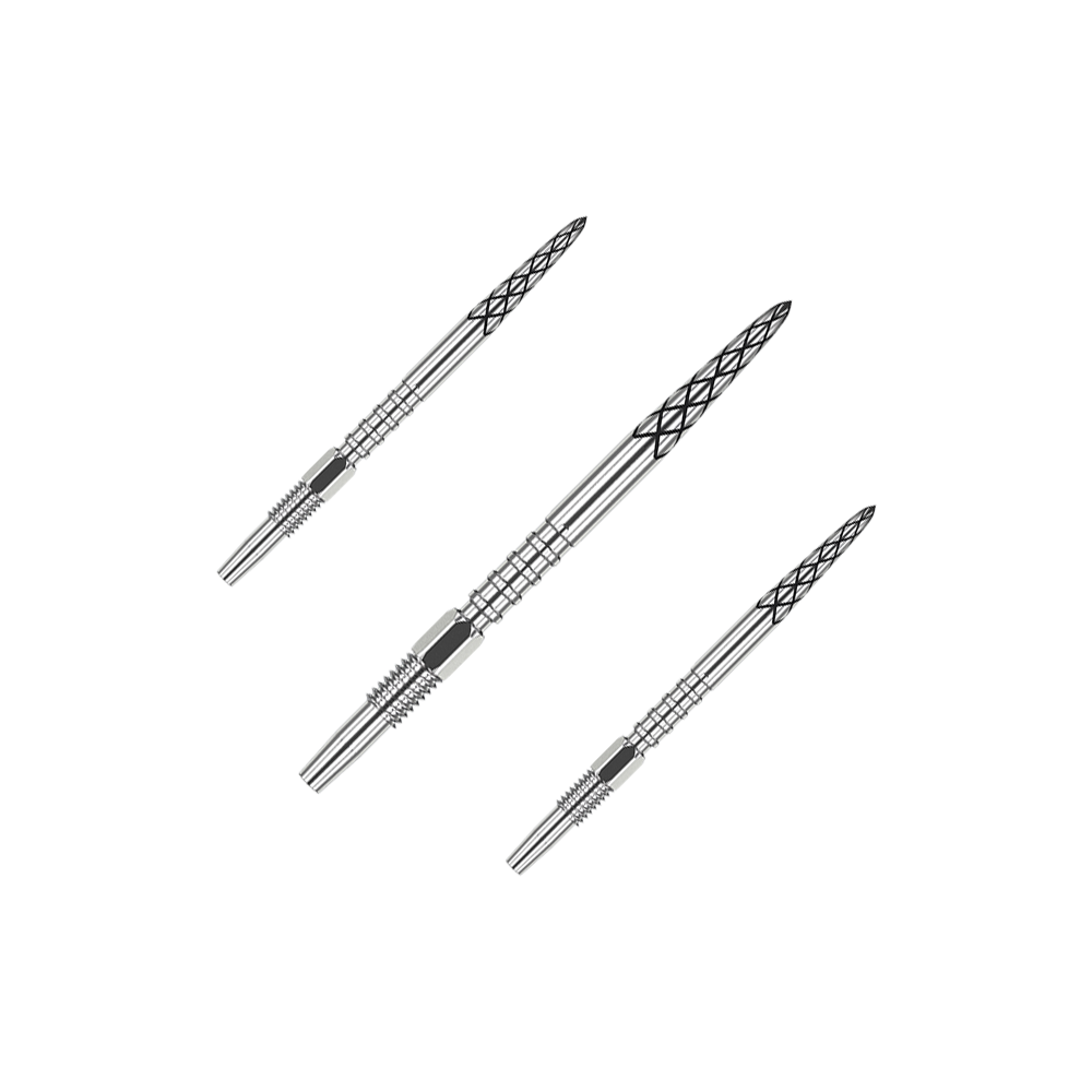 Target Swiss DS Surge Point Dart Tips - Stříbrné Das Bild zeigt drei silberne Dartspitzen mit feinen Gravuren. Sie sind in einer diagonalen Linie angeordnet und haben ein modernes Design.