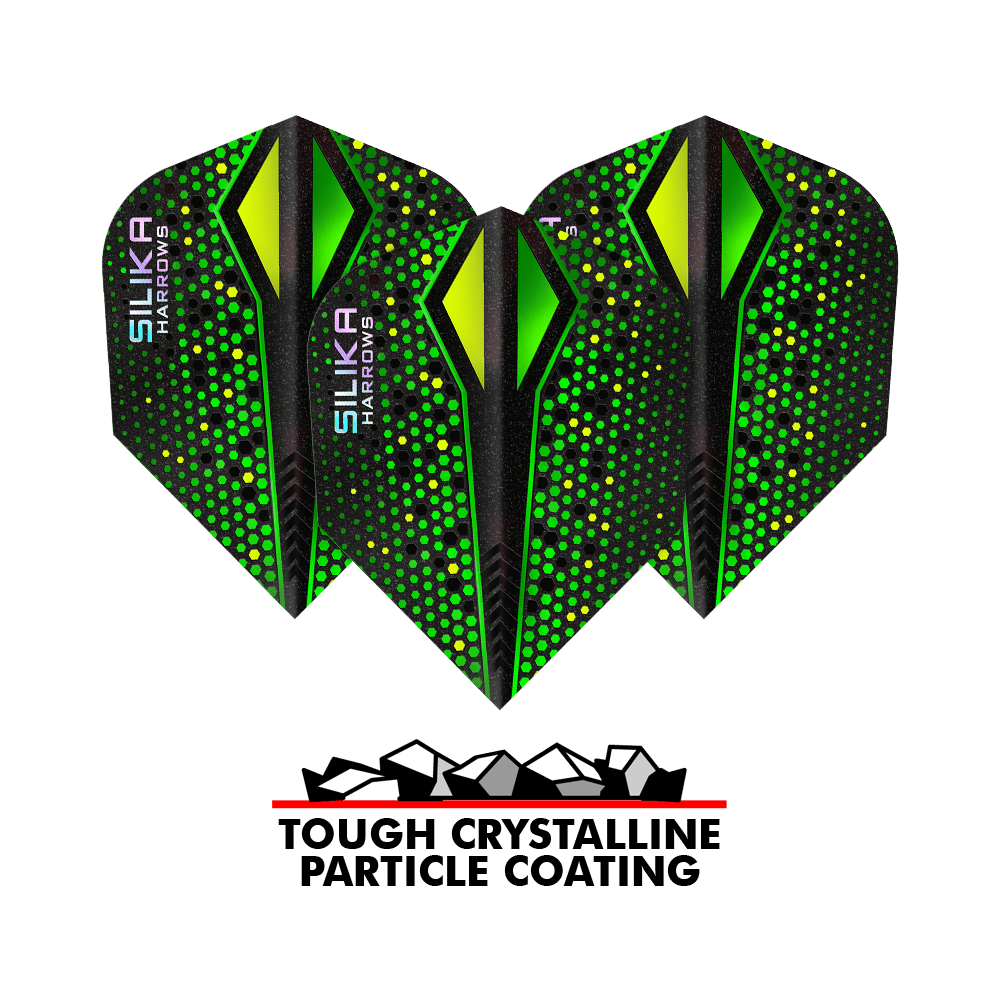 Harrows Silika Colorshift Tough Crystalline Coating Green-X No6 Flights Im Bild erkennbar sind die Harrows Silika Colourshift Tough Crystalline Coating Green-X No6 Flights. Auffällige Muster sind sichtbar.