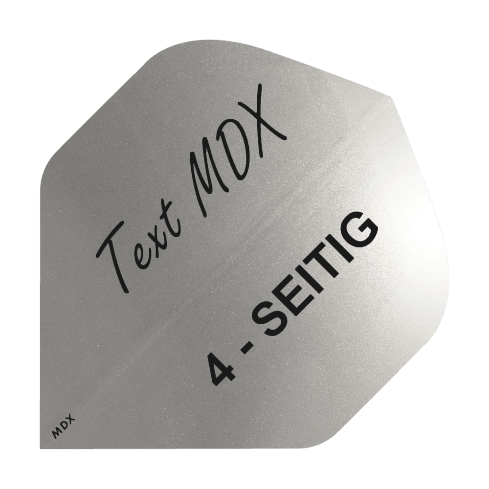 10 sad potištěných metalických letek, 4 strany - vlastní text - MDX Standard Das Bild zeigt einen silbernen Dartflight mit der Aufschrift "Text MDX" und "4-SEITIG". Der Flight hat eine metallische Oberfläche und eine spezielle Form.