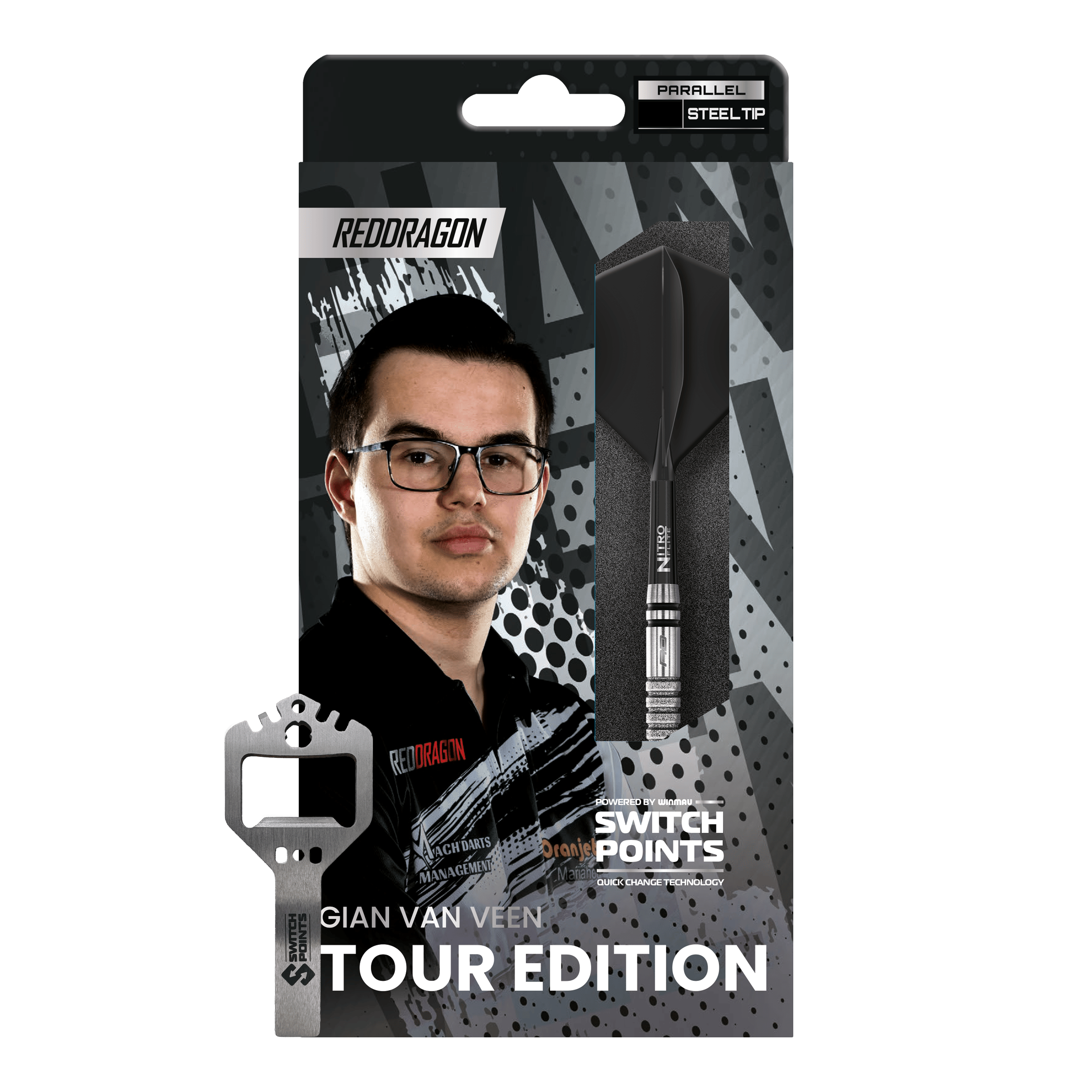 Ocelové šipky Red Dragon Gian Van Veen Tour Edition Switch Point - 21g Das Bild zeigt die Red Dragon Gian Van Veen Tour Edition Switch Point Steeldarts - 21g. Die Darts haben ein modernes und robustes Design.