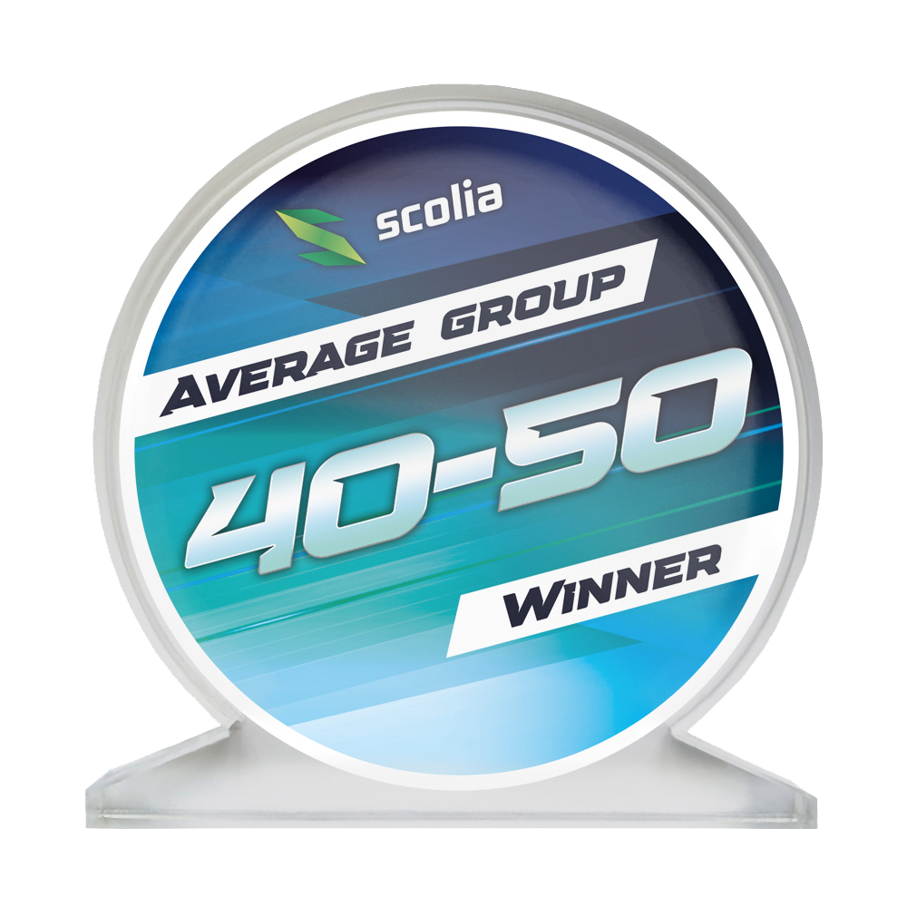 Acrylglaspokal mit der Aufschrift 'Average 40-50' ist abgebildet. Der Pokal hat eine klare, rechteckige Form.