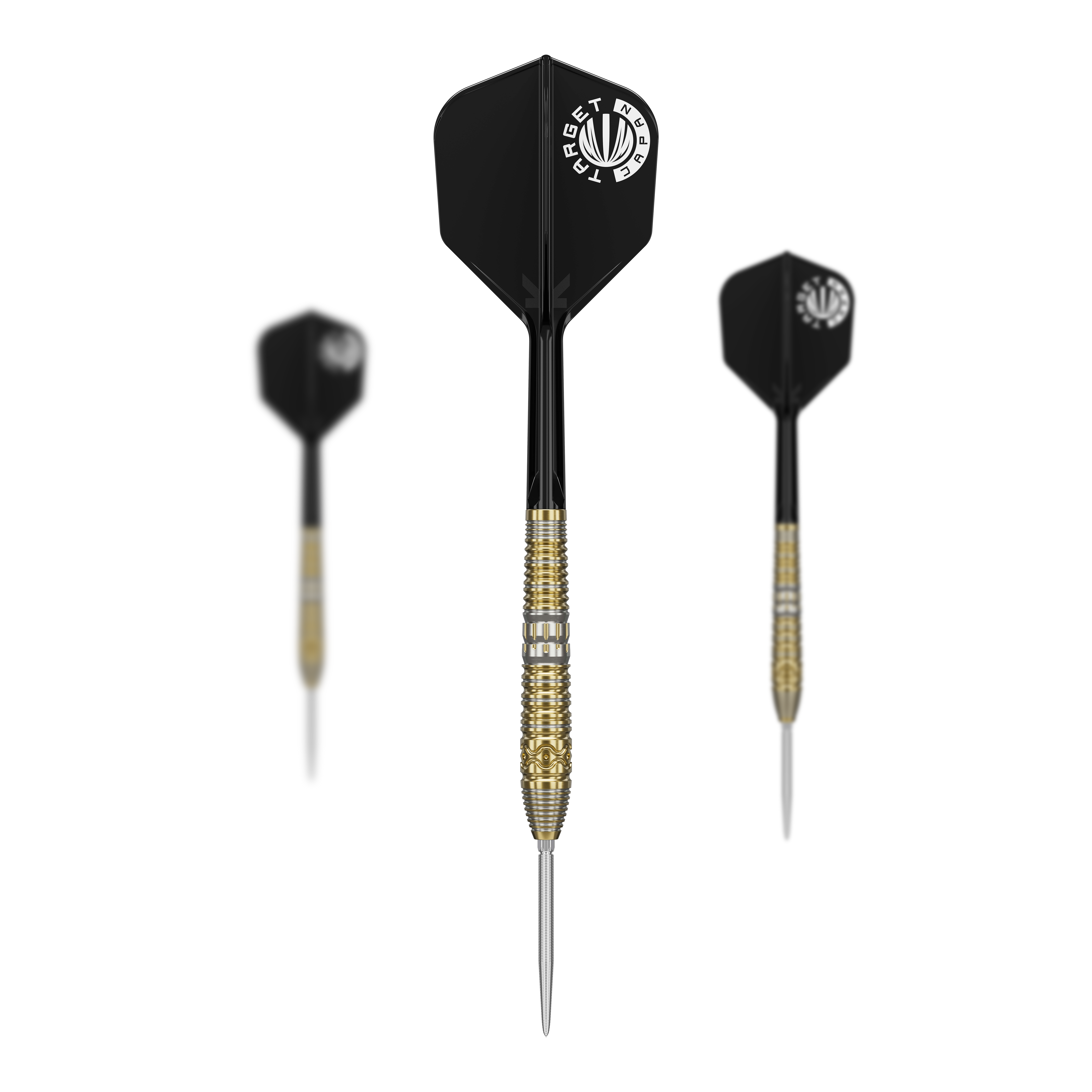 Ocelové šipky Target Japan Hot Shot GEN2 - 23g Das Bild zeigt drei Target Japan Hot Shot GEN2 Steeldarts mit einem Gewicht von 23g. Die Darts haben schwarze Flights und gold-silberne Griffbereiche.