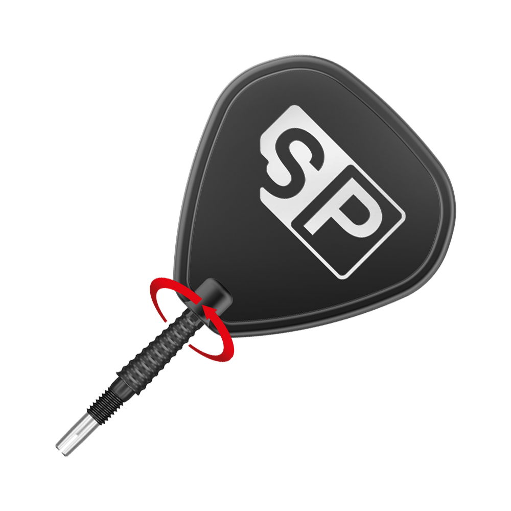 Špičky na šipky Target Swiss Storm LNC - černé Das Bild zeigt eine schwarze Dartspitze mit dem weißen „SP“-Logo darauf. Die Spitze ist schräg platziert und durch einen roten Pfeil hervorgehoben.