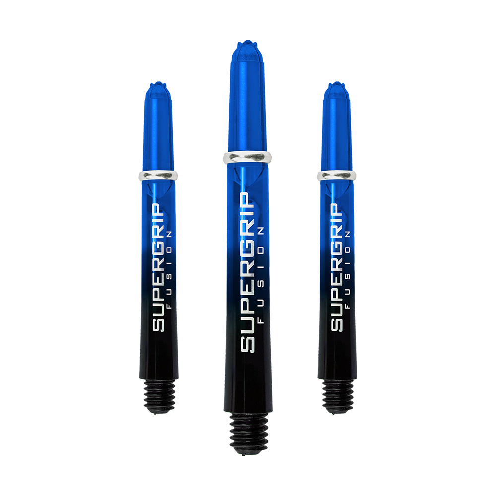 HR337_Harrows_Supergrip_Fusion_Shafts_Blau_40mm_1sE1lQmQRAdrL1 Das Bild zeigt drei blaue Harrows Supergrip Fusion Shafts. Die Shafts sind aus Kunststoff und haben einen glänzenden Schriftzug auf der Seite.