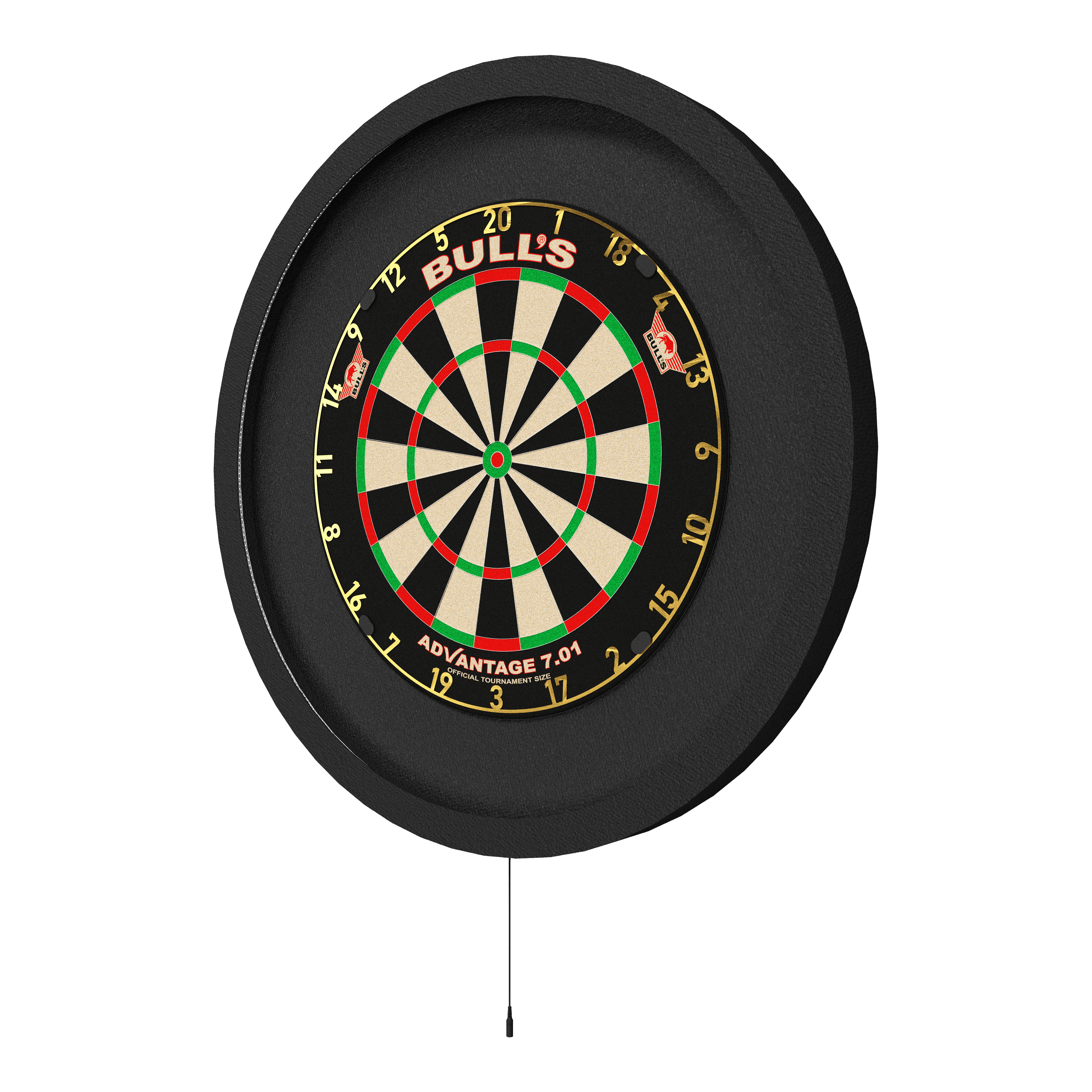 Auf dem Bild ist das Bulls NL Lumo XL Surround Beleuchtungssystem zu sehen. Es umgibt eine Dartscheibe mit einem runden, beleuchteten Rahmen.