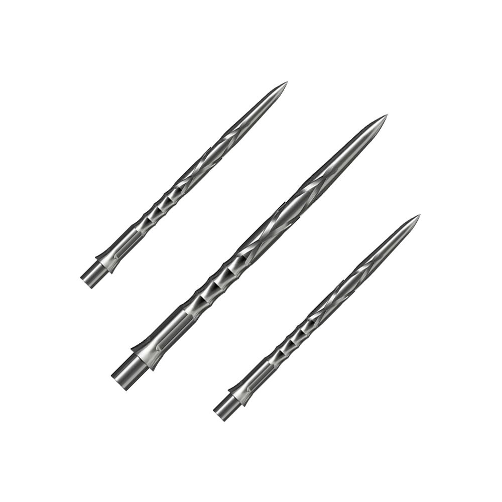 Das Bild zeigt Steeldartspitzen des Caliburn Evo Systems in Silber, 36mm. Die Spitzen sind für Steeldarts geeignet.
