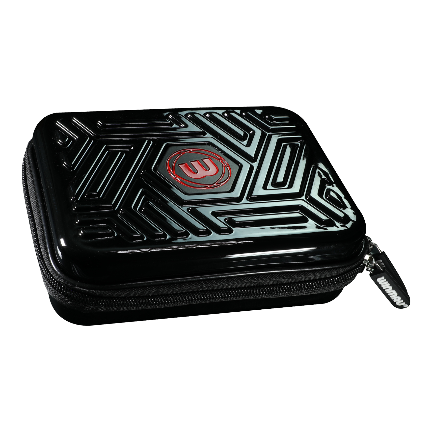 Peněženka Winmau Armor G2 Dart Das Bild zeigt ein schwarzes Dart-Etui mit einem geometrischen Muster auf dem Deckel. In der Mitte befindet sich ein rotes Logo und der Reißverschluss trägt den Schriftzug "Winmau".