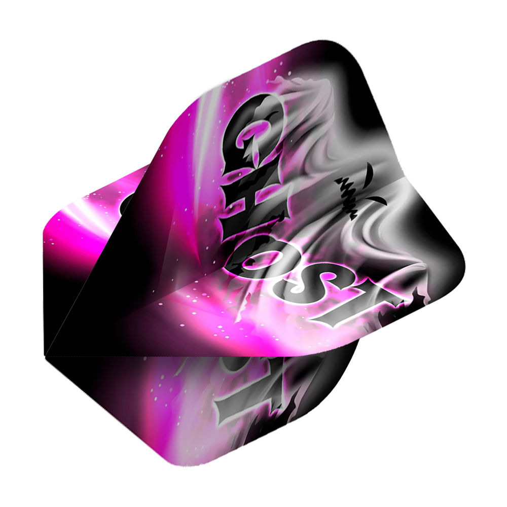 Standardní lety Mission Solo Bailey Marsh č. 2 Das Bild zeigt ein Dartflight mit dem Aufdruck "GHOST" in großen Buchstaben. Die Farben sind hauptsächlich Schwarz, Weiß und Pink mit einem nebligen, geisterhaften Muster.