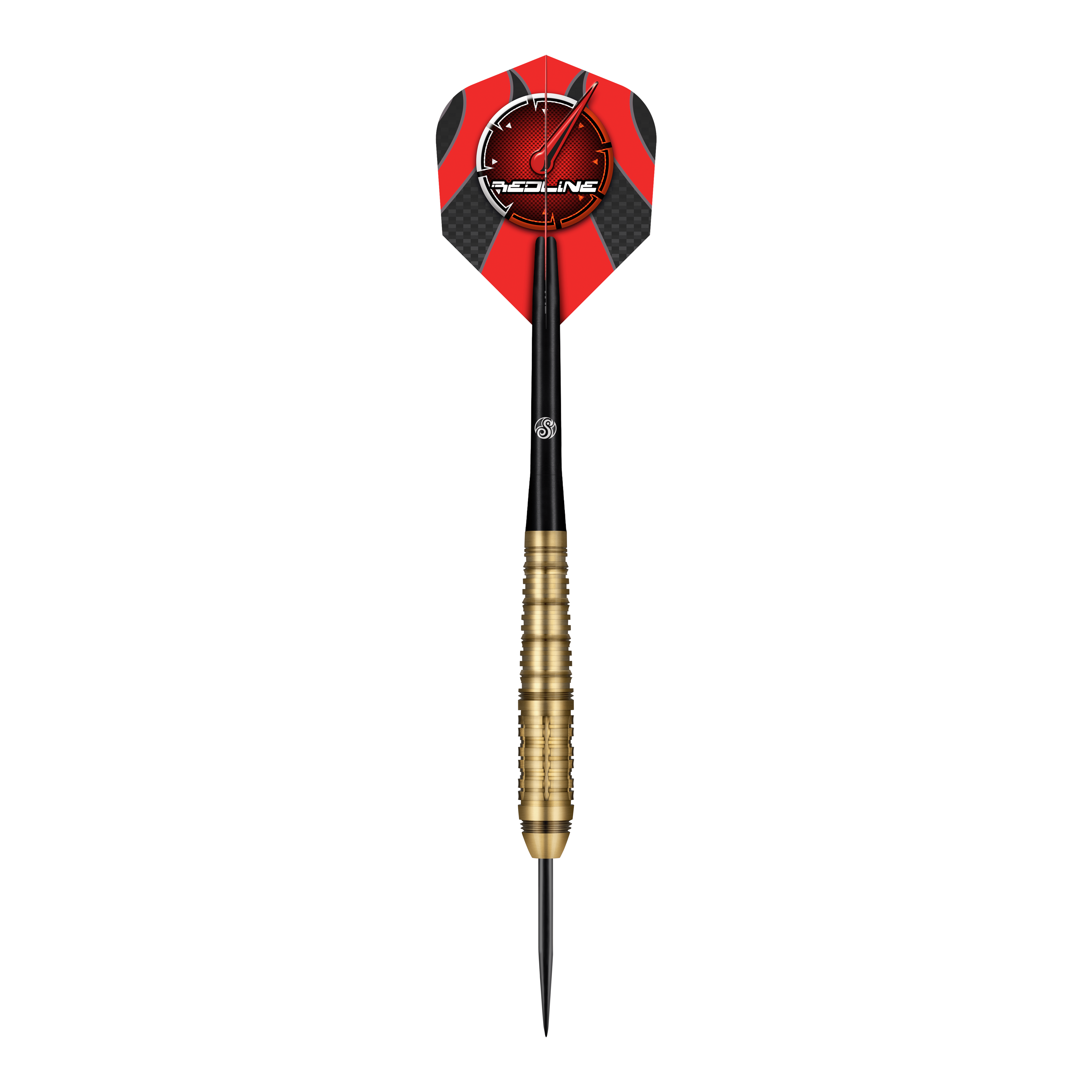 Ocelové šipky Shot Redline Mach 1 Das Bild zeigt einen Steeldartpfeil mit goldfarbenem Griff und schwarzer Spitze. Die Dartflügel sind rot-schwarz gestaltet und tragen das "Redline"-Logo.