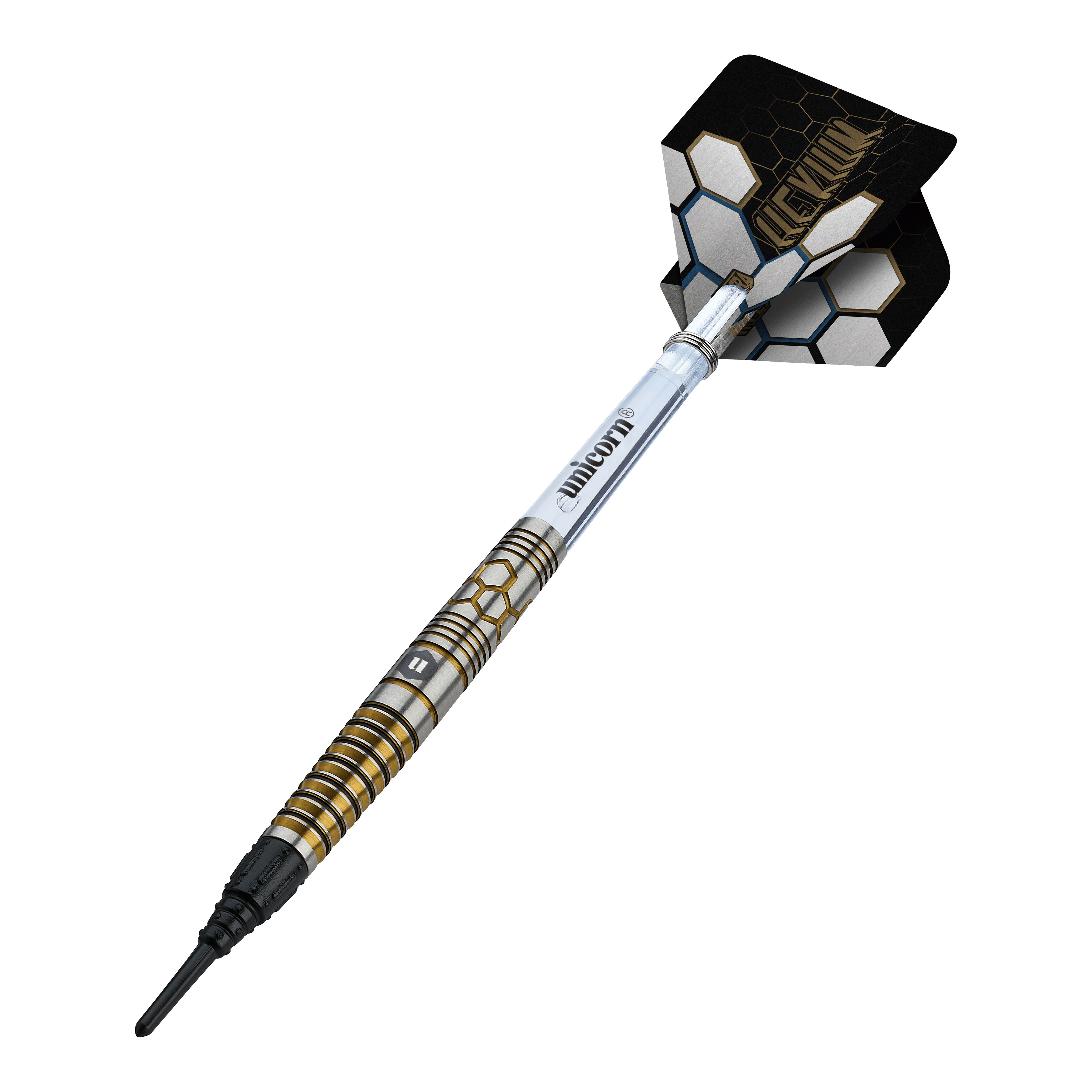 Měkké šipky Unicorn Hexium Style 03 zlaté a černé - 23g Auf diesem Bild sind Unicorn Hexium Style 03 Gold & Black Softdarts, 23g, dargestellt. Die Pfeile kombinieren goldene und schwarze Elemente im Design.