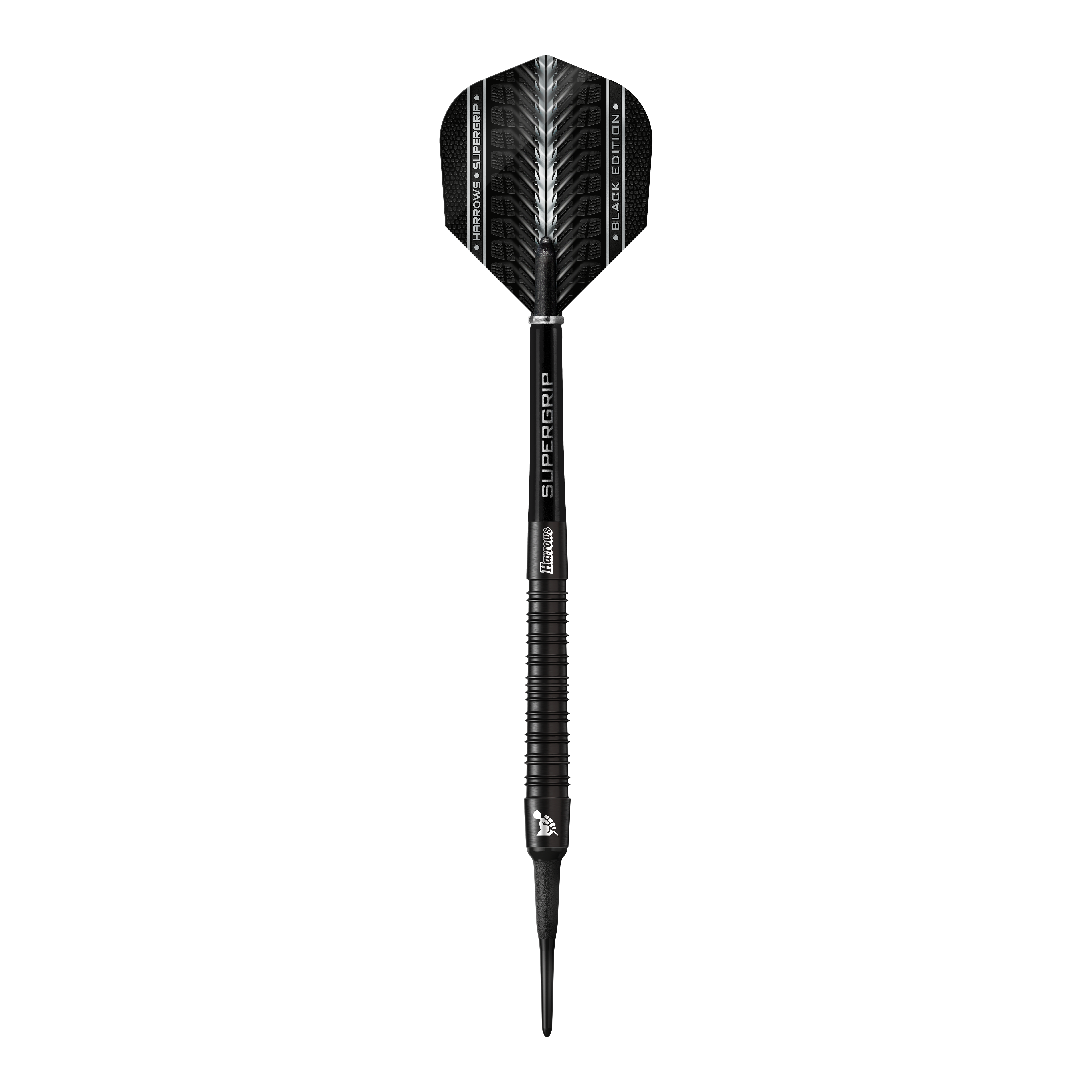 Měkké šipky Harrows Supergrip Black Edition Das Bild zeigt einen Harrows Supergrip Black-Edition Softdart. Der Dart ist komplett in Schwarz gehalten und hat ein modernes, elegantes Design.