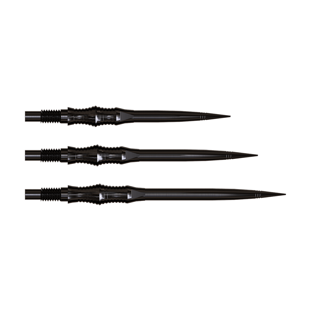 Harrows Quick Point Apex Spire Elite Series Dartspitzen - Schwarz Ein Satz schwarzer Dartspitzen ist horizontal angeordnet und deutlich sichtbar. Die Form zeichnet sich durch eine scharfe Spitze aus.