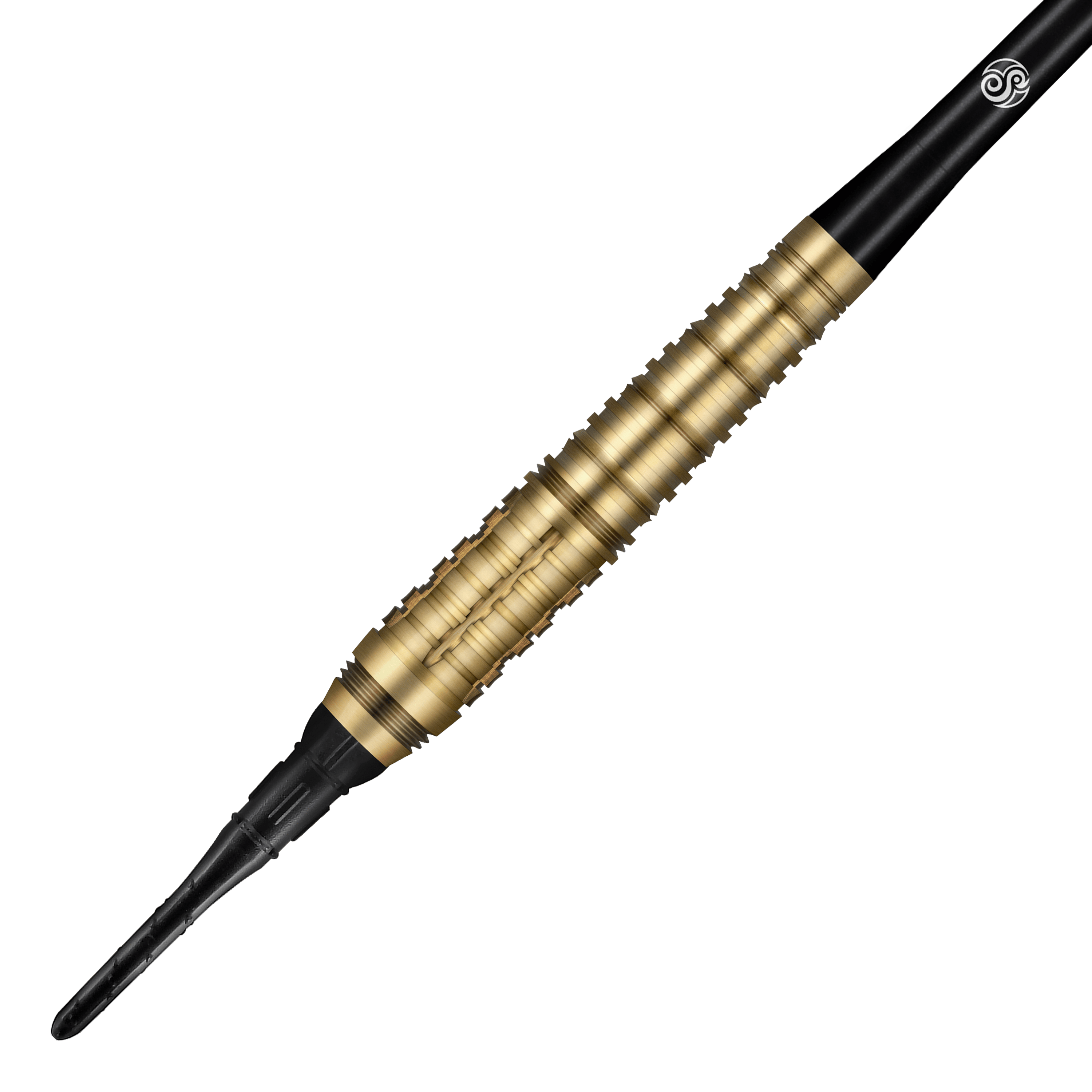 Měkké šipky Shot Redline Mach 1 - 20g Auf dem Bild ist ein Shot Redline Mach 1 Softdart mit einem Gewicht von 20g zu sehen. Der Dartpfeil hat einen goldfarbenen, geriffelten Griff und eine schwarze Spitze.