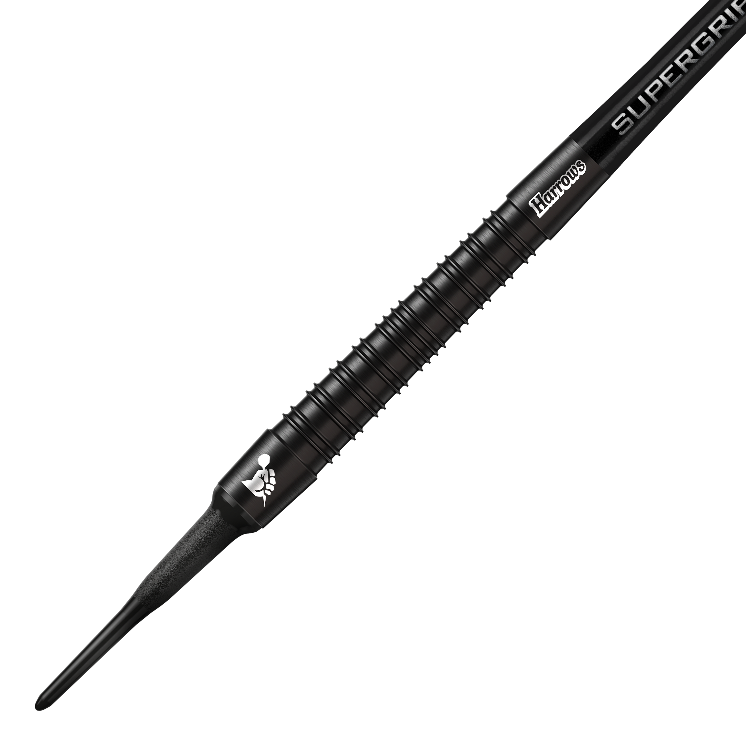 Měkké šipky Harrows Supergrip Black Edition Das Bild zeigt einen Harrows Supergrip Black-Edition Softdart. Der Dart ist komplett schwarz und hat eine strukturierte Griffoberfläche.