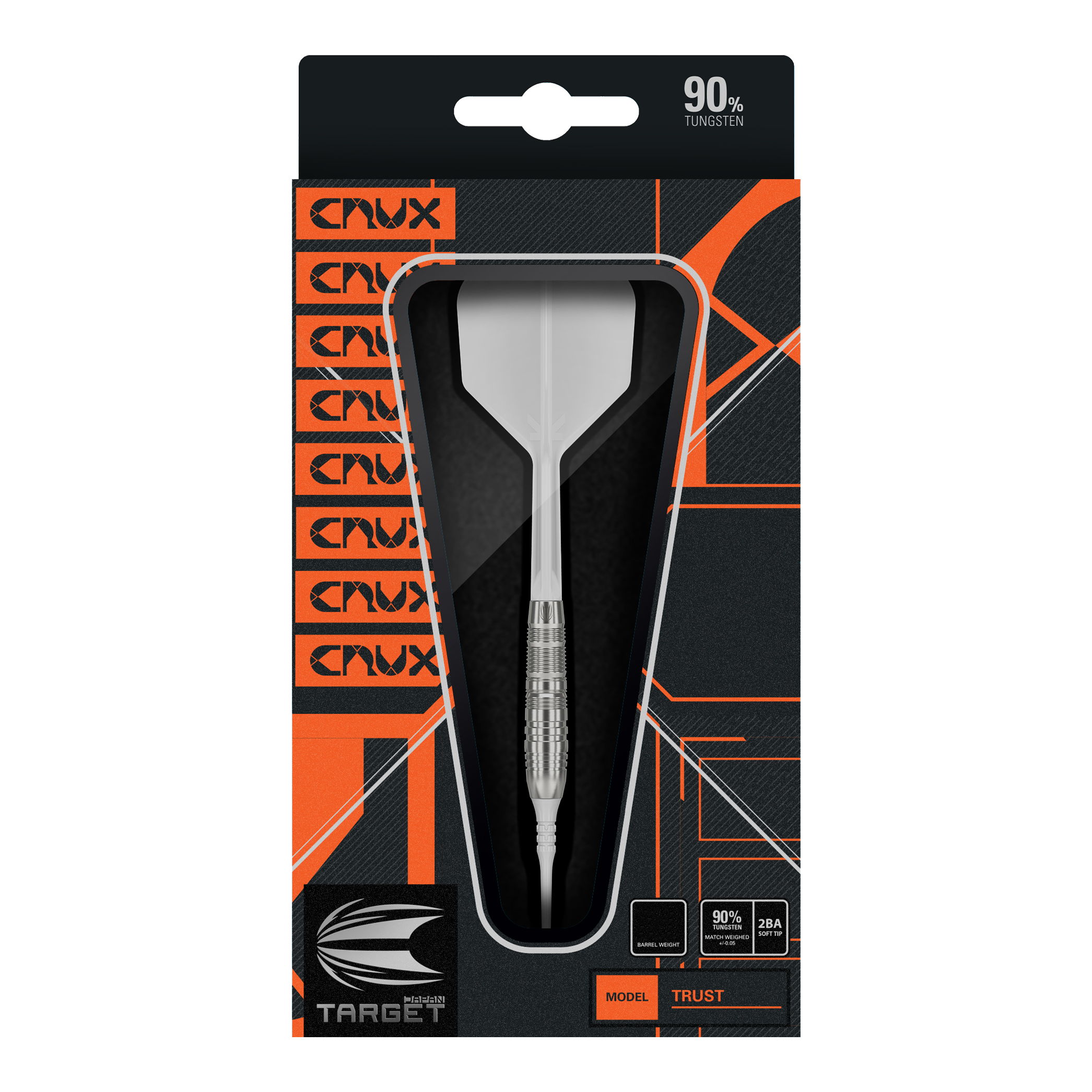 Měkké šipky Target Japan Crux Trust - 17g Die Abbildung zeigt die Verpackung der "Target Japan Crux Trust Softdarts - 17g". Der Dart ist sichtbar durch ein Sichtfenster in der Packung und enthält Angaben wie 90 % Tungsten.