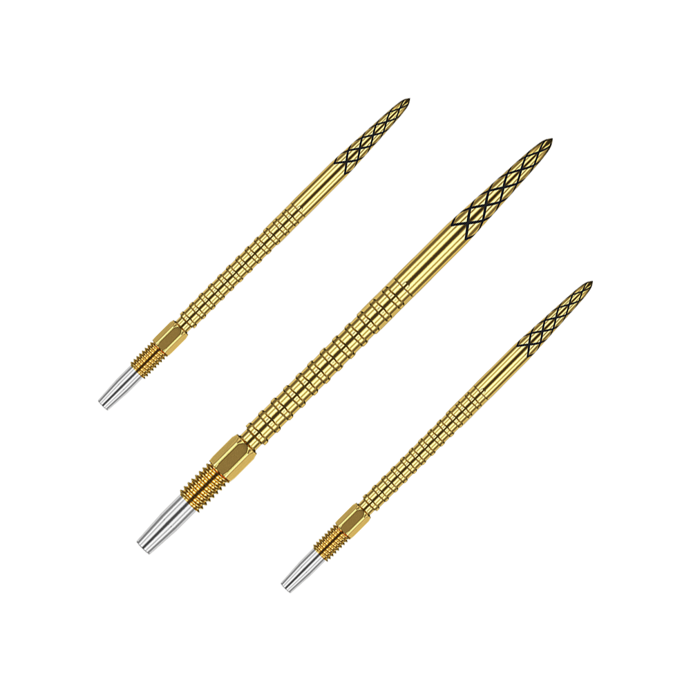 Target Swiss DS Surge Point Dart Tips – zlaté Das Bild zeigt drei goldene Dartspitzen mit feinen Rillen und schwarzen Mustern. Sie sind schlank und haben silberne Spitzen am Ende.