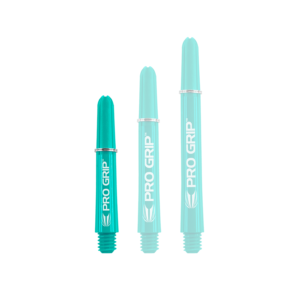 Target Pro Grip Shafts - 3 sady - Aqua Auf dem Bild sind drei türkisfarbene "PRO GRIP" Schäfte in verschiedenen Längen zu sehen. Sie stehen nebeneinander und haben alle den gleichen Aufdruck und das gleiche Design.