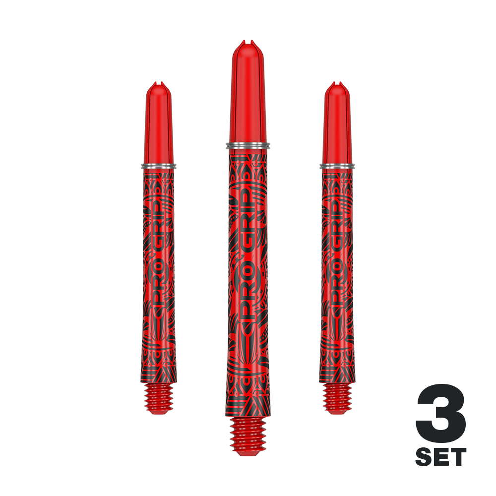 Auf dem Bild sind drei rote Dartschäfte mit schwarzem Muster und der Aufschrift "PRO GRIP" zu sehen. In der rechten unteren Ecke steht "3 SET".
