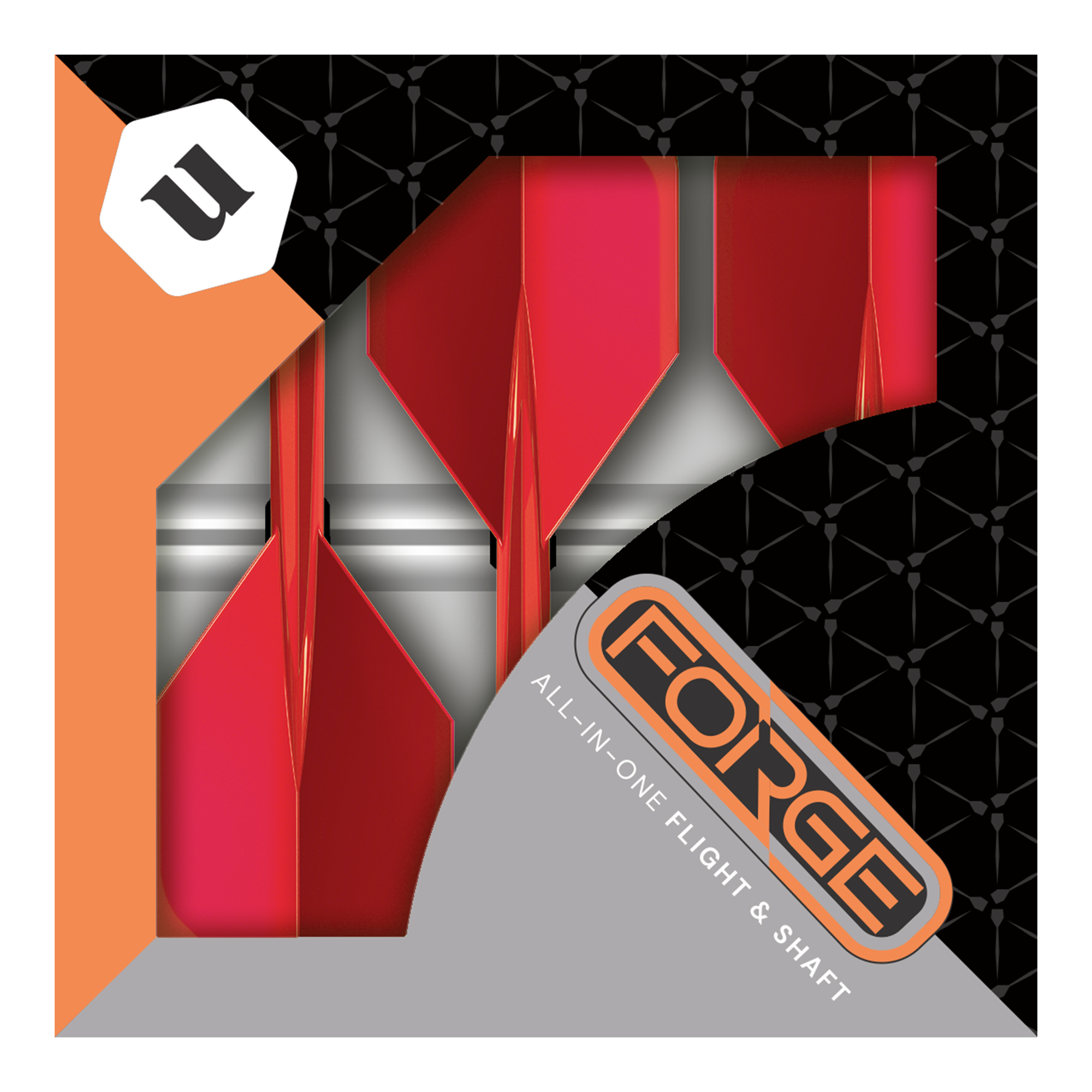 Das Bild zeigt eine Packung mit roten Unicorn Forge All In One Plus No2 Standard Flights in mittlerer Größe. Die Verpackung ist schwarz und orange mit dem Schriftzug "FORGE" und "ALL-IN-ONE FLIGHT & SHAFT".