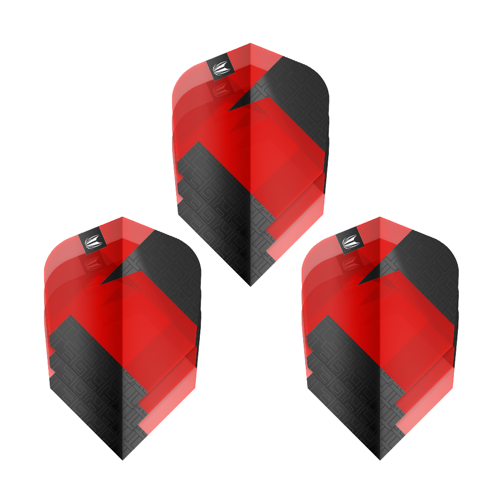 Das Bild zeigt drei Sets der Target Pro Ultra TAG Rot Ten-X Standard Flights. Die Flights sind rot und schwarz mit einem geometrischen Muster gestaltet.