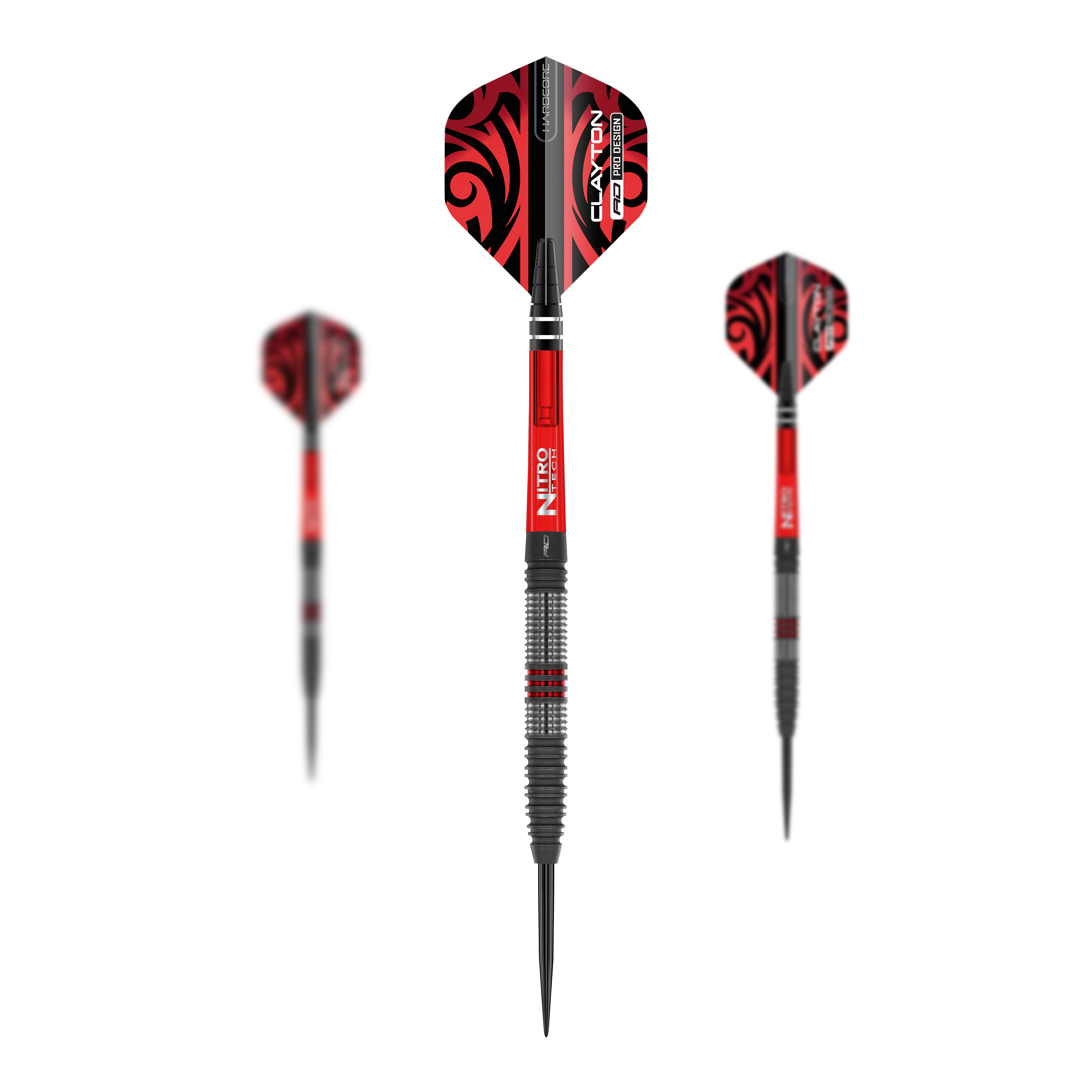 Ocelové šipky Red Dragon Jonny Clayton Hiraeth Dieses Bild zeigt die Red Dragon Jonny Clayton Hiraeth Steeldarts. Die Darts haben ein auffälliges rotes und schwarzes Design mit strukturiertem Griff.